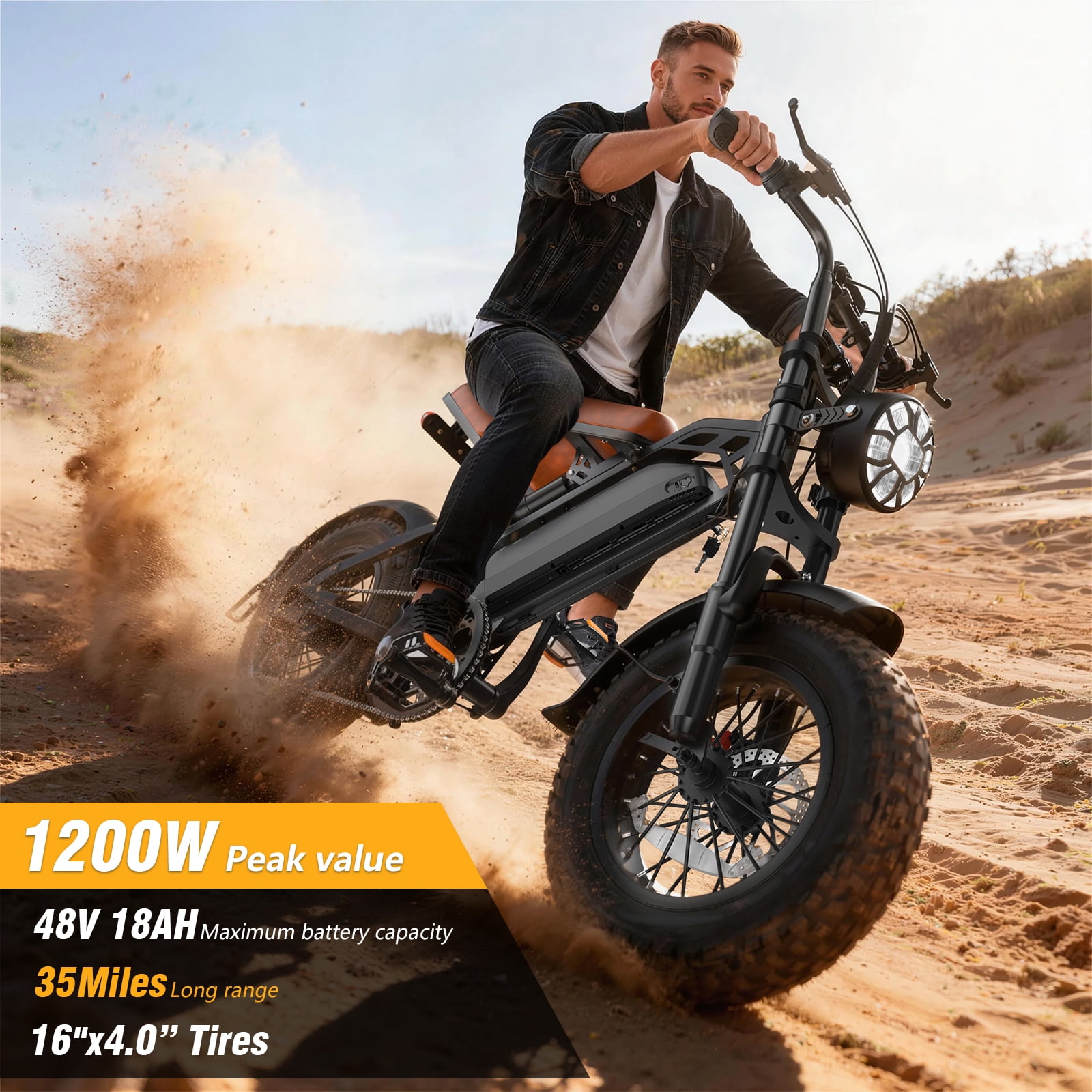 Rexei Yeki Electric Bike for Adults, 1200W Off-Road E-Bike, 48V 18AH Removable Battery, Dual Disc Brakes, 16 in Wide Tires (Black) 9hsac