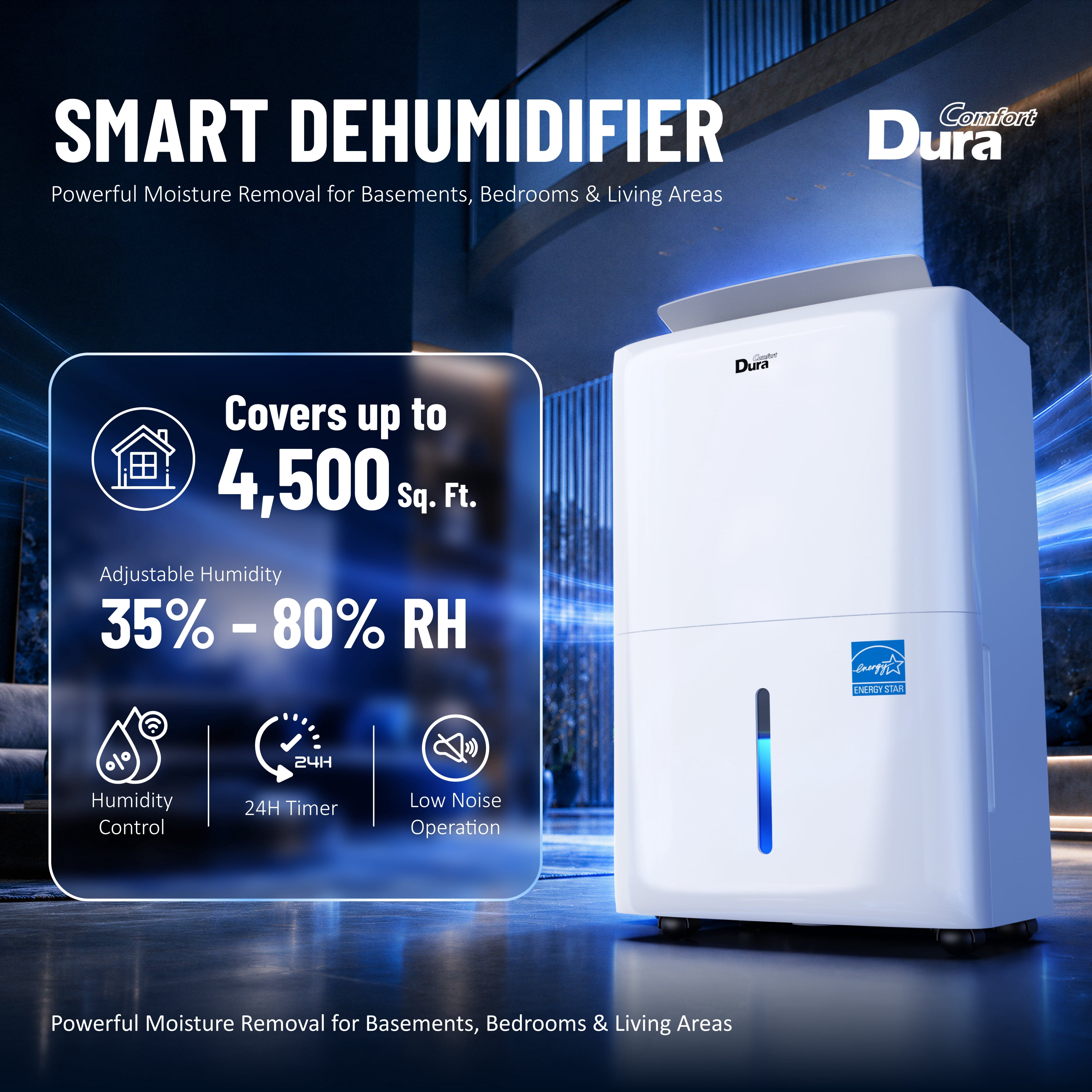 DuraComfort 4,500 Sq Ft Dehumidifier with Built-in Pump, Energy Star Certified, Smart Humidity Control (White, 1.6 gal) tvbax