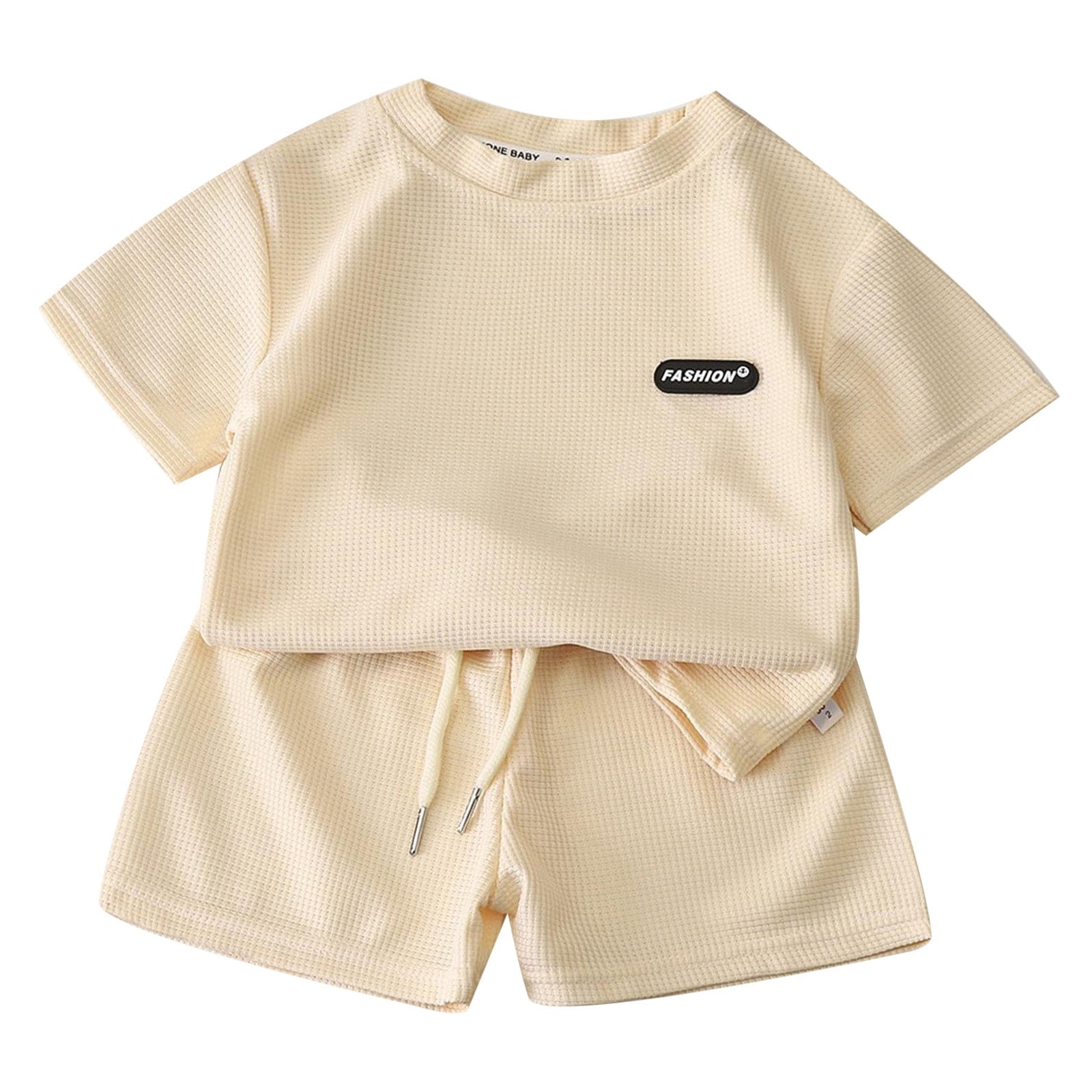 Gbsyewxs Boys 2-Piece Summer Outfit Set, Crew Neck Short Sleeve Top and Shorts (Beige, 5-6 Years) 0mdn5