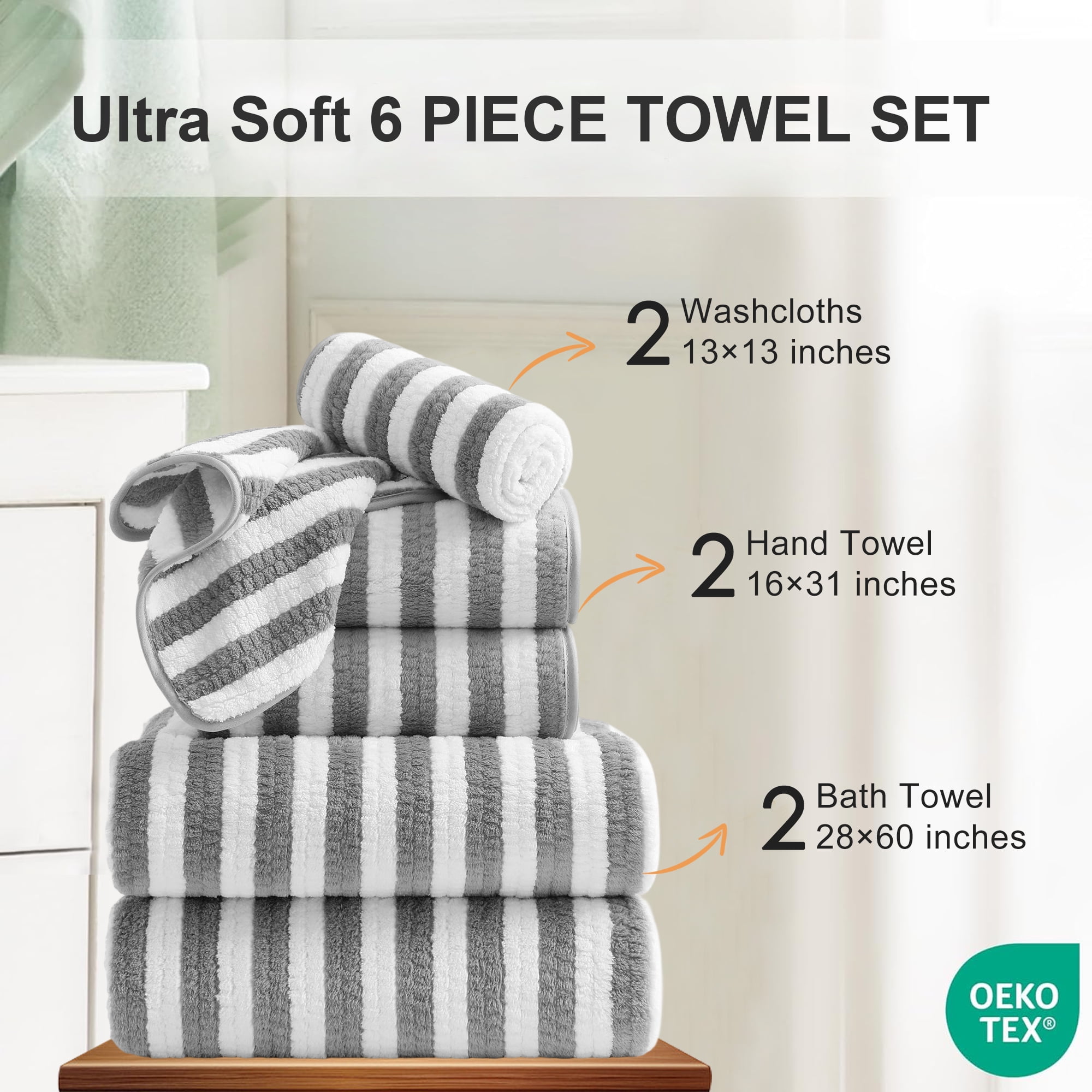 Jessy Home 6-Piece Plush Bath Towel Set, Highly Absorbent Hotel Quality Bathroom Linens (Light Gray, 6-Piece Set) b2k43