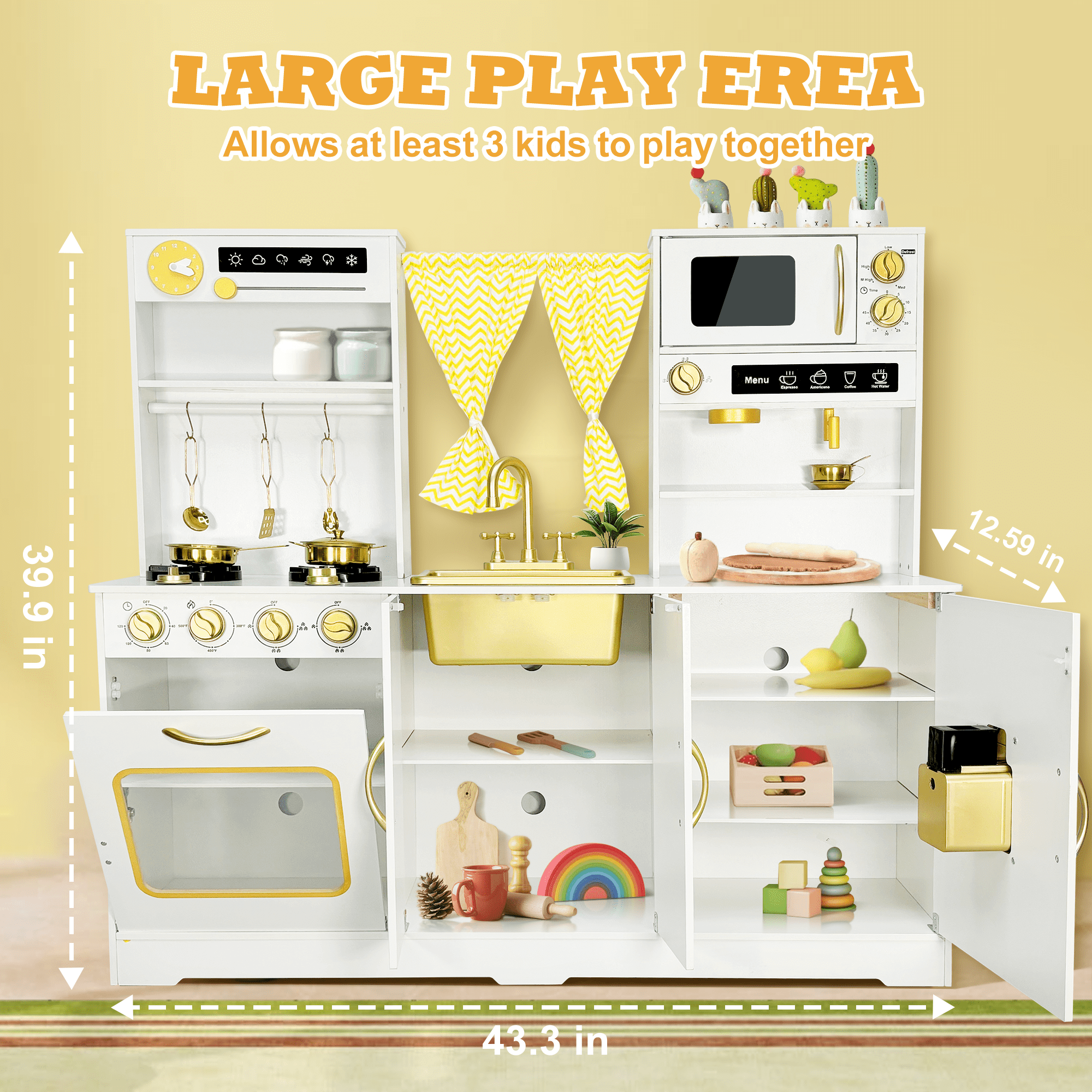 iYofe Wooden Pretend Play Kitchen Set for Toddlers, Interactive Toy Kitchen with Realistic Sounds and 18 Accessories (White, 43.3 x 12.6 x 39.9 in) 2cyah