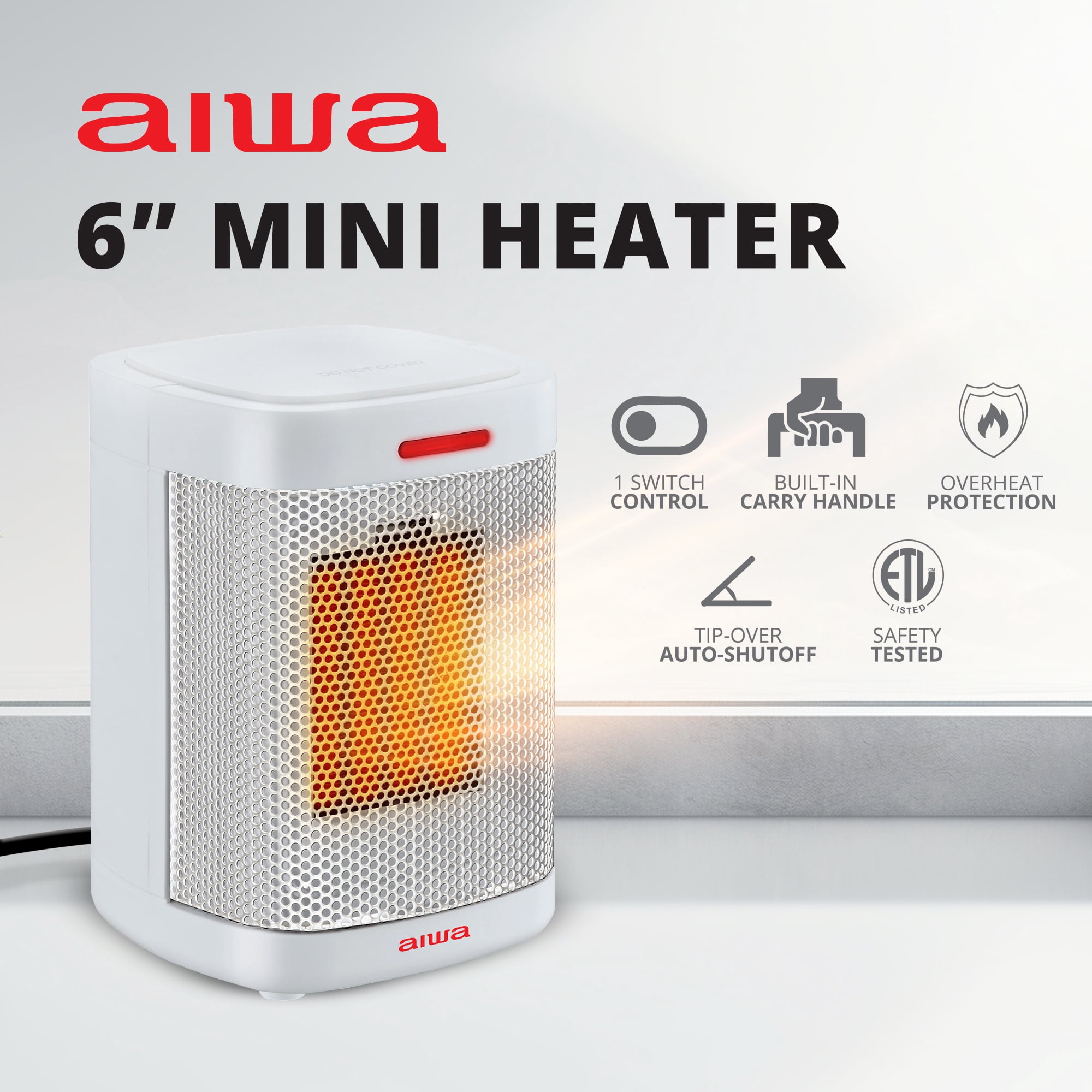 Aiwa Ceramic Space Heater, Mini Portable Electric Indoor Heater with Overheat Protection (White, 6 in x 4.3 in x 4.3 in) preor