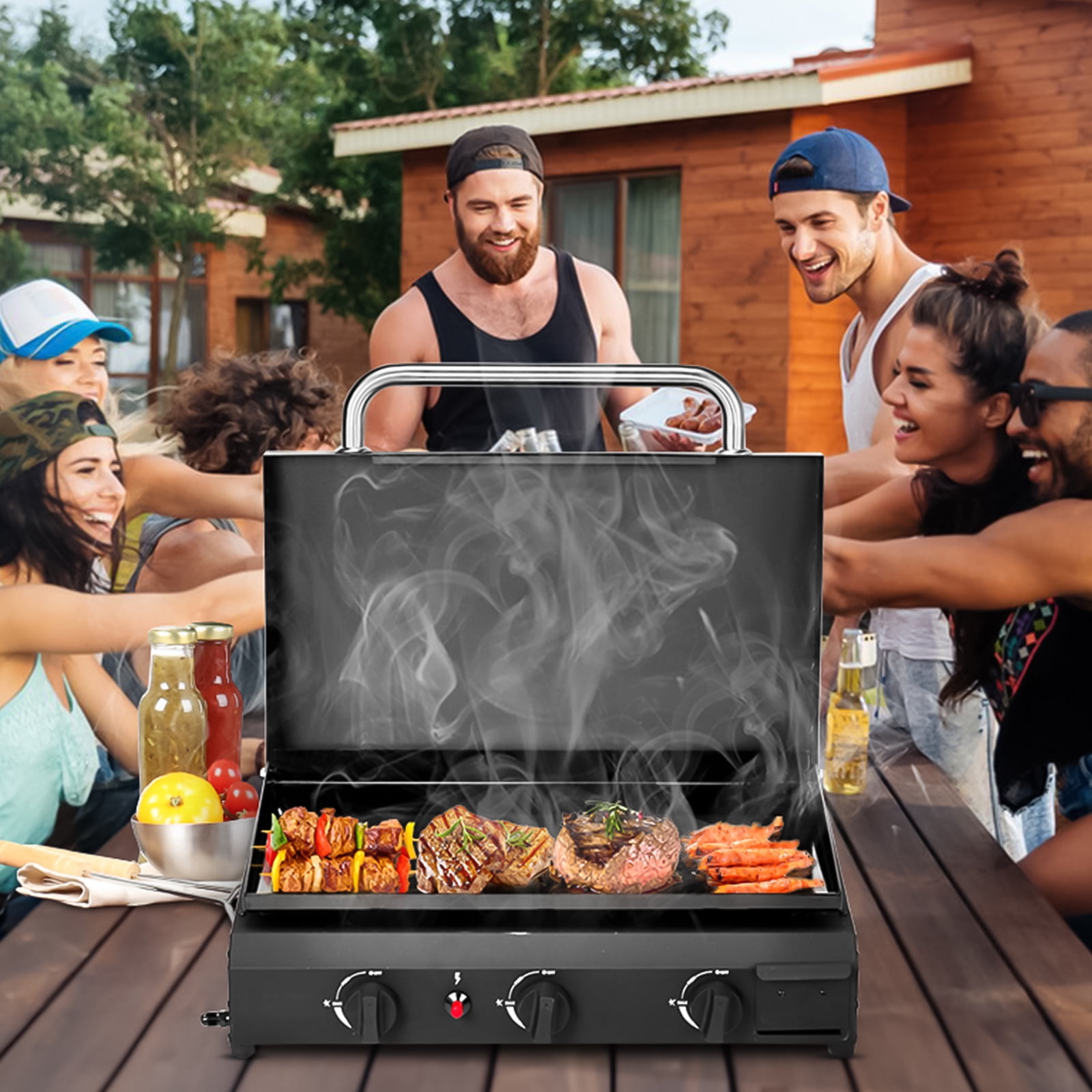 Seizeen 3-Burner Propane Gas Griddle, Portable Outdoor Flat Top Cooking Station with Ceramic Coated Cast Iron Plate (Black, 23 in) o6kvi