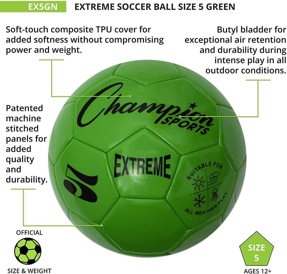 Champion Sports Extreme Series Soccer Ball, Professional Grade Match Ball for Training and League Play (Green, Size 5) ctjsx
