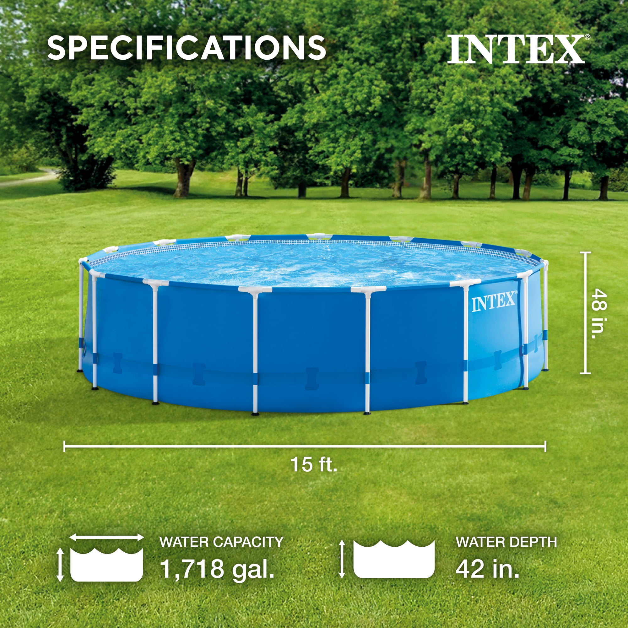 Intex 15ft x 48in Above Ground Metal Frame Swimming Pool Set with Pump and Accessories (Blue, 15ft x 48in) wt130
