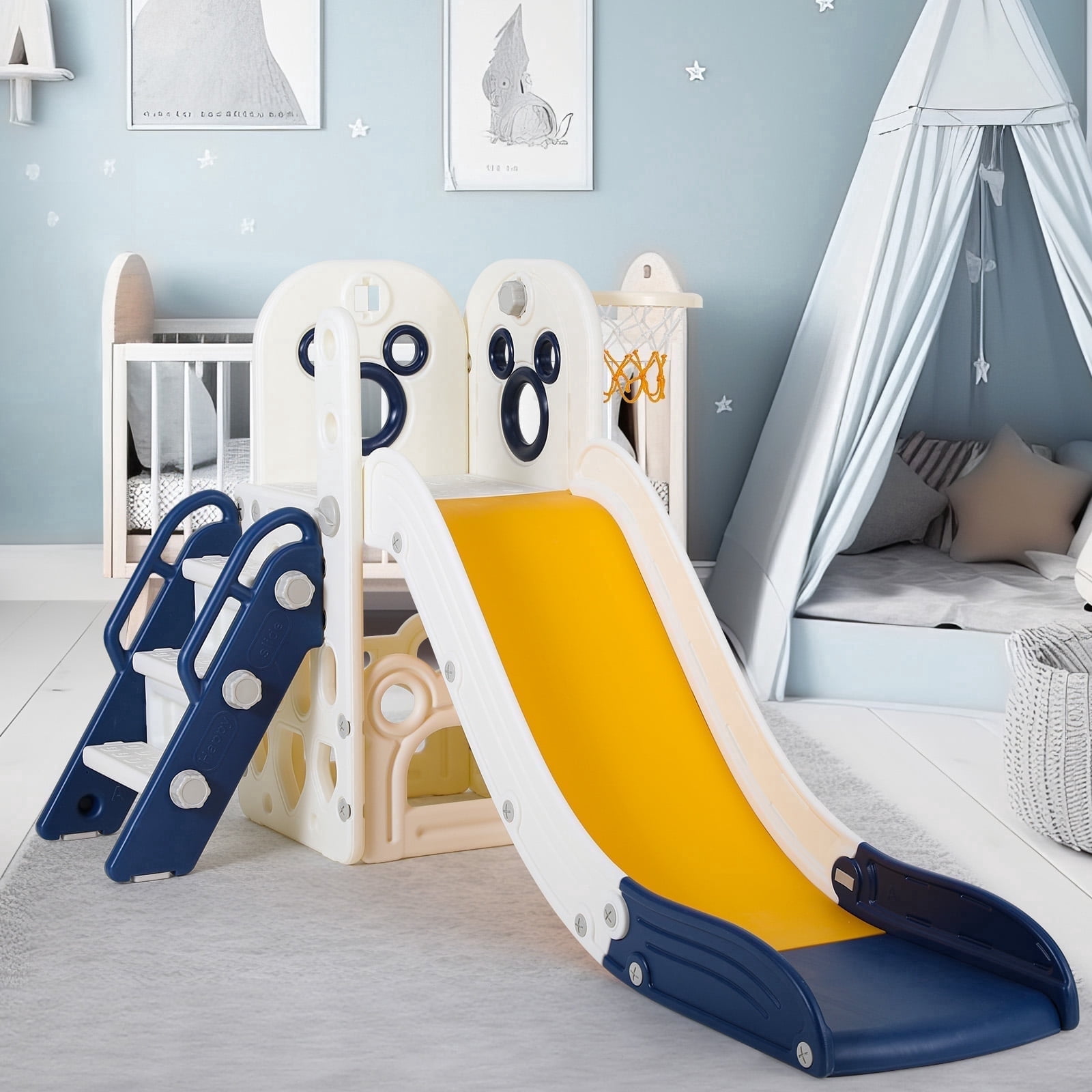 Arlopu 4-in-1 Toddler Slide and Climber Playset with Basketball Hoop (Blue, 60 in L x 18 in W x 30 in H) h7hyo