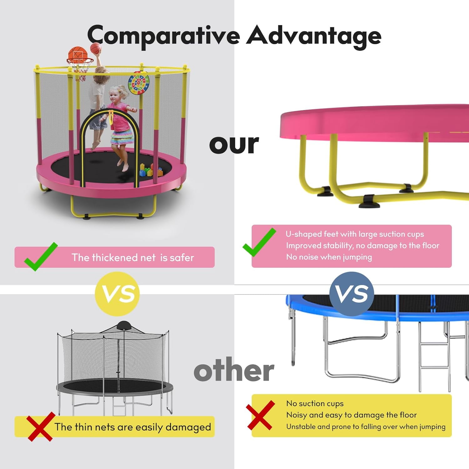 EAYSG 72 in Kids Trampoline with Safety Net, Basketball Hoop and Dart Board (Pink, 72 in) jmujb