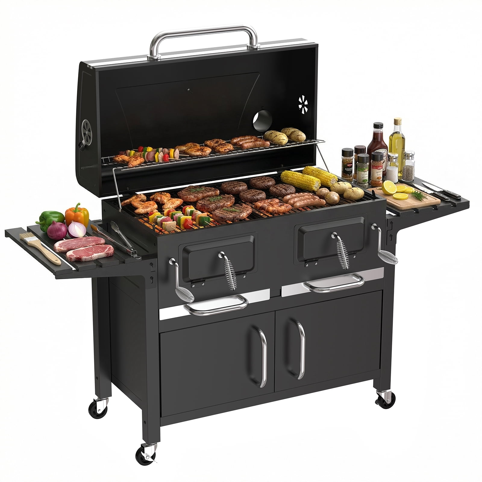 Frizi Charcoal Grill Outdoor BBQ with Dual Adjustable Trays and Foldable Side Tables (Large) vxyb2