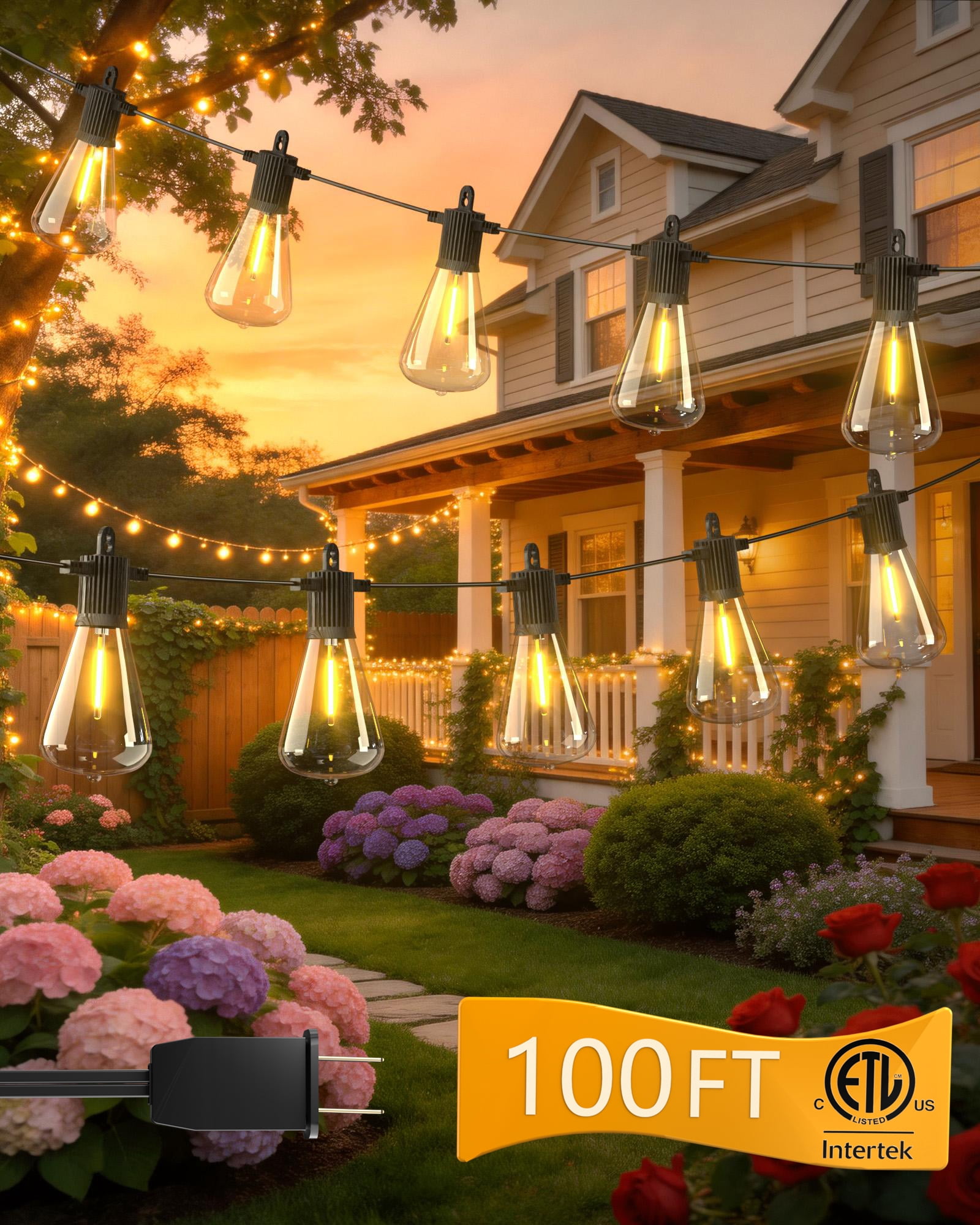 Beatineon LED Outdoor String Lights, Waterproof Patio Hanging Lights with 52 Edison Bulbs (100 ft) 3y80r