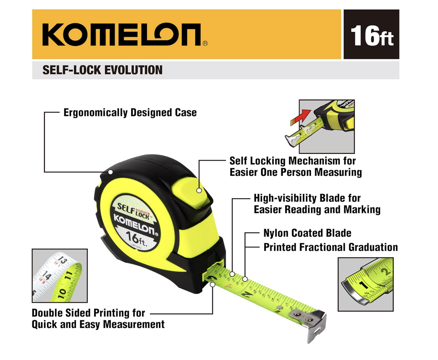 Komelon Self Lock Hi-Vis Speedmark Tape Measure (Yellow, 16 ft) 9dojw