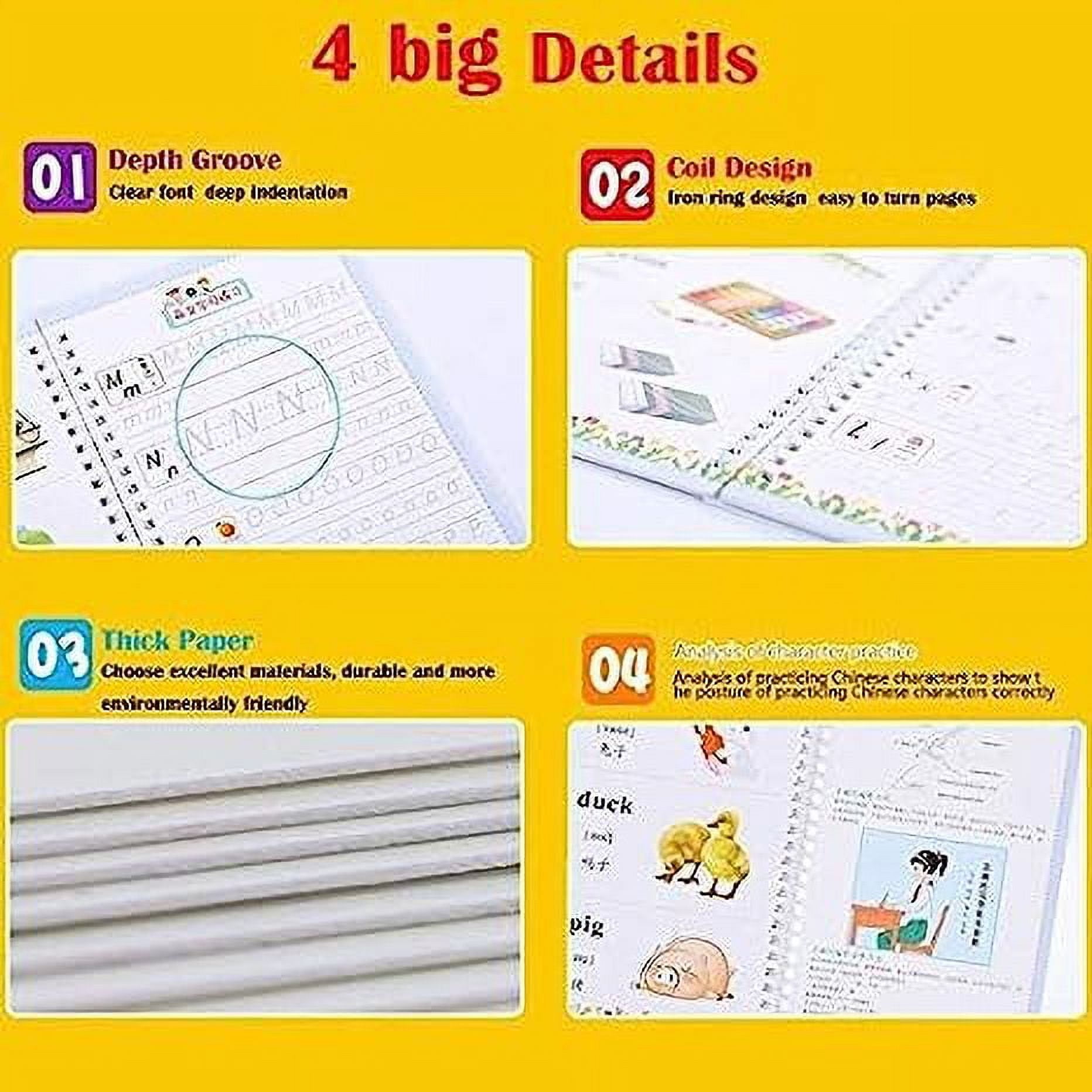 NVZI Magic Ink Reusable Handwriting Practice Copybooks for Kids with Grooves Template Design (4 Book Set with Pens) spask