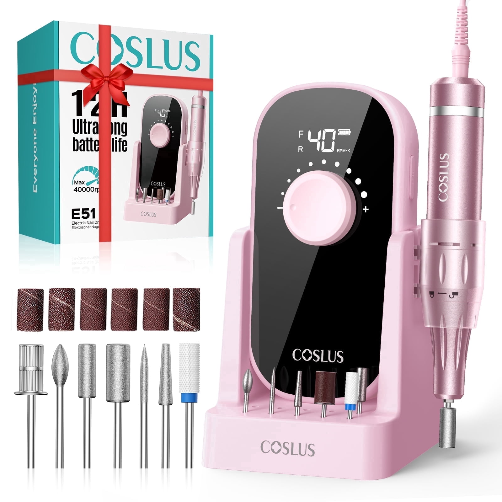 COSLUS Electric Nail Drill, 40000 RPM Portable Nail File with Storage Stand for Acrylic and Gel (Pink, 1 Unit) tqcfp