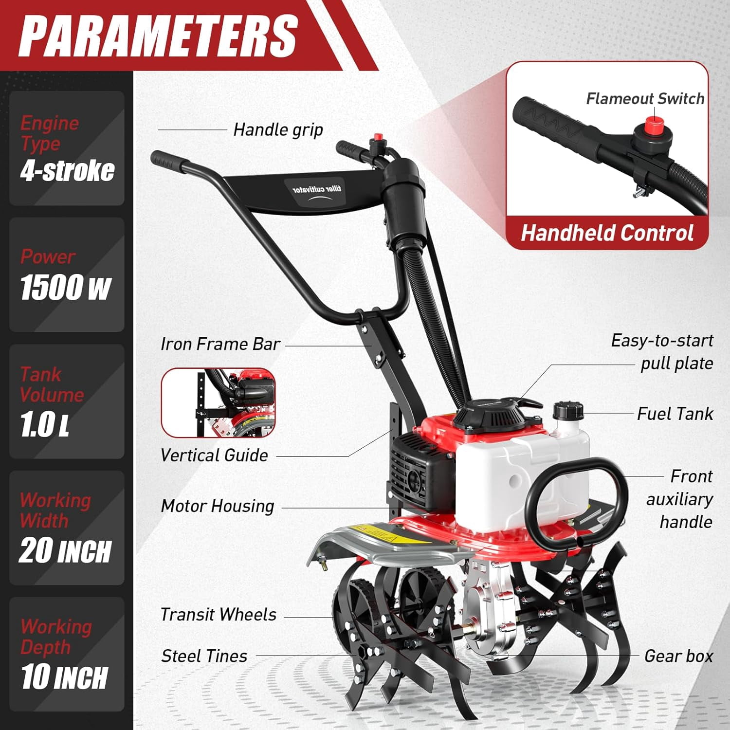 Datingday 4-Stroke Gas Tiller Cultivator, Heavy Duty Rototiller for Garden Lawn Soil, 20-in Width, 10-in Depth (1.5KW) 9wel0