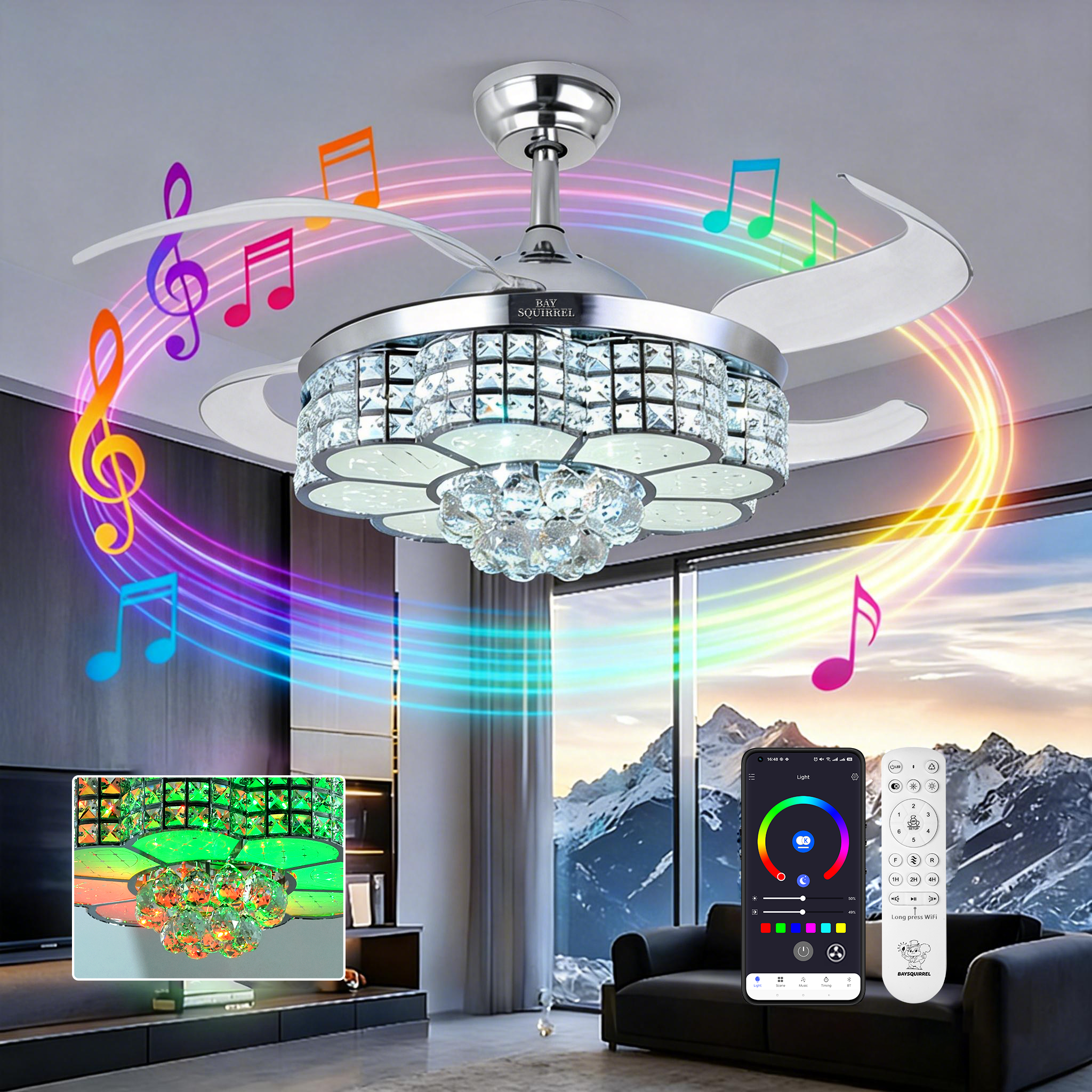 BAYSQUIRREL Retractable Crystal Ceiling Fan with RGB LED Light, Bluetooth Speaker, Remote & APP Control (6 Speeds, 42 in) 34zws