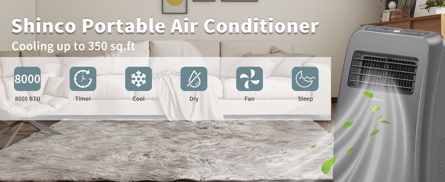 Shinco 8,000 BTU Portable Air Conditioner, Dehumidifier, and Fan for Rooms Up to 350 sq. ft. (Grey, 1 Unit) vsaw4