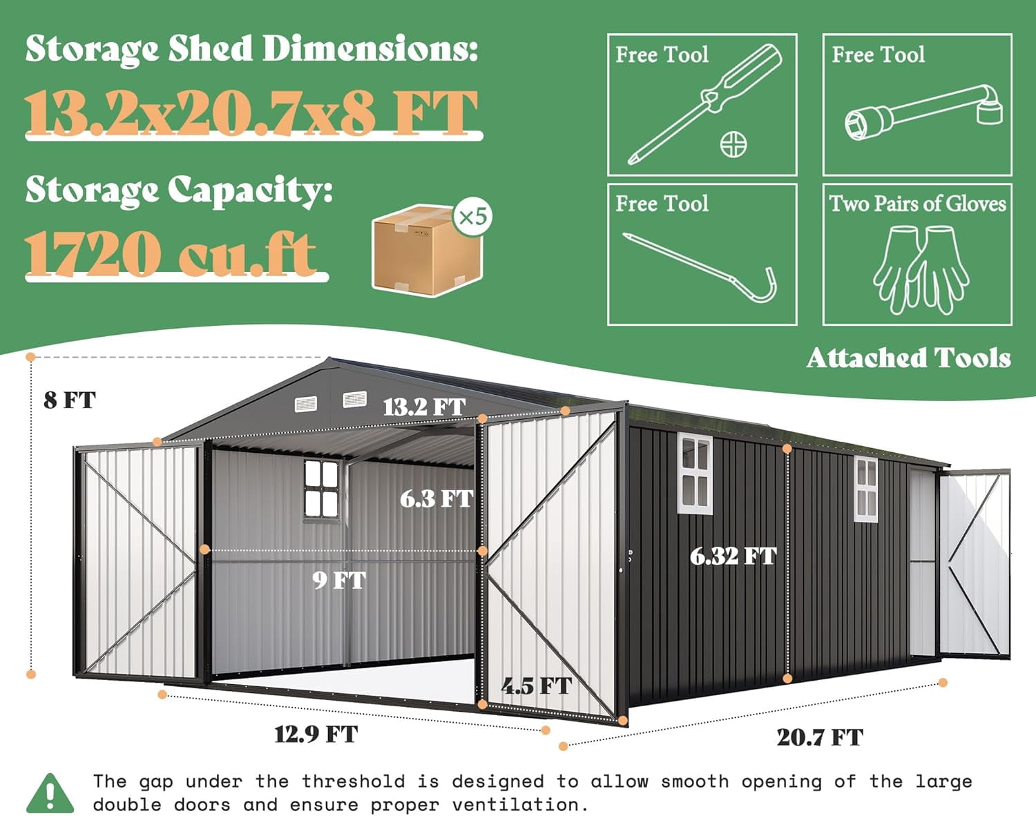 Jocisland Outdoor Metal Storage Shed, Heavy-Duty Garage Carport with Double Doors and Windows (Dark Grey, 13.2 ft x 21 ft x 8 ft) a8ixi