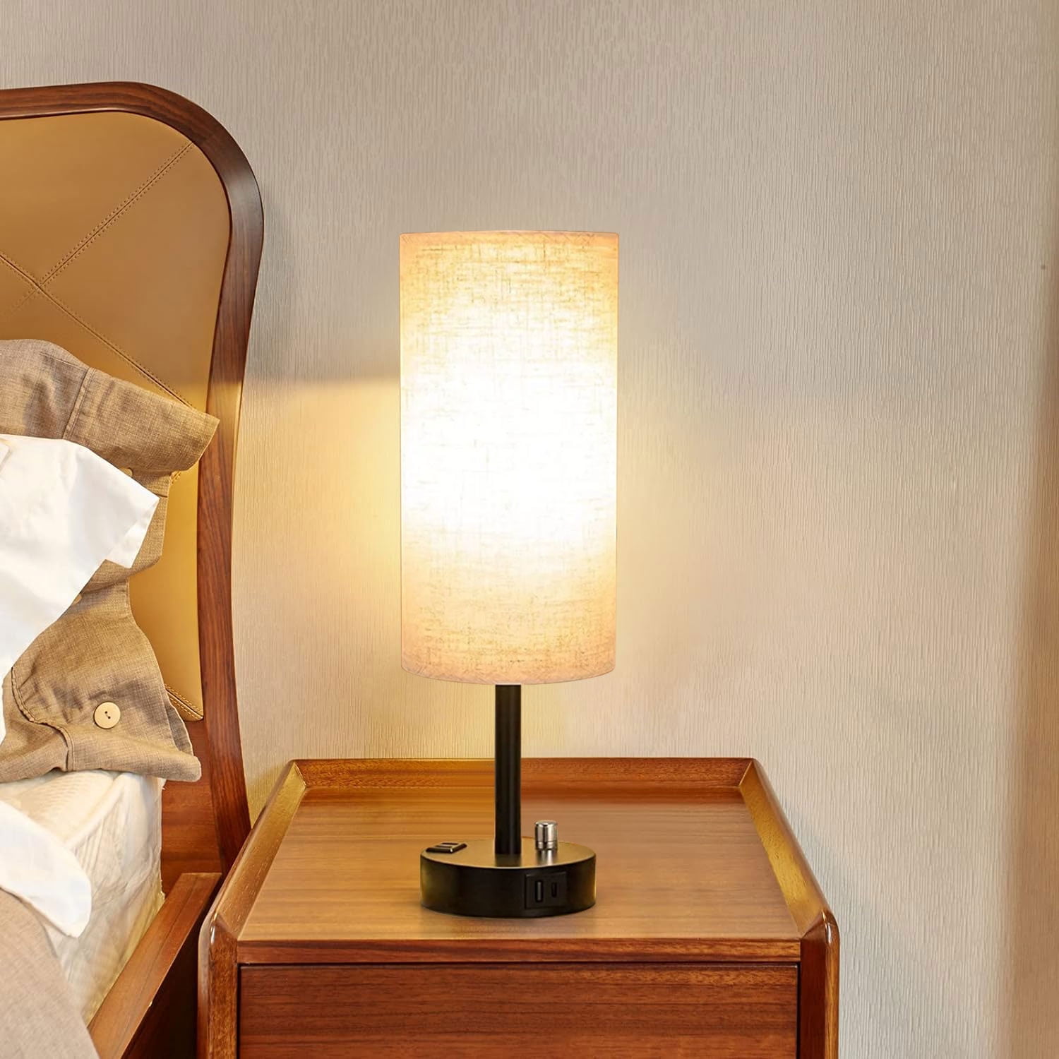 HadinEEon Bedside Table Lamp, Dimmable Industrial Desk Light with USB C&A Charging Ports and AC Outlet (Black, 15 in) wnrvo