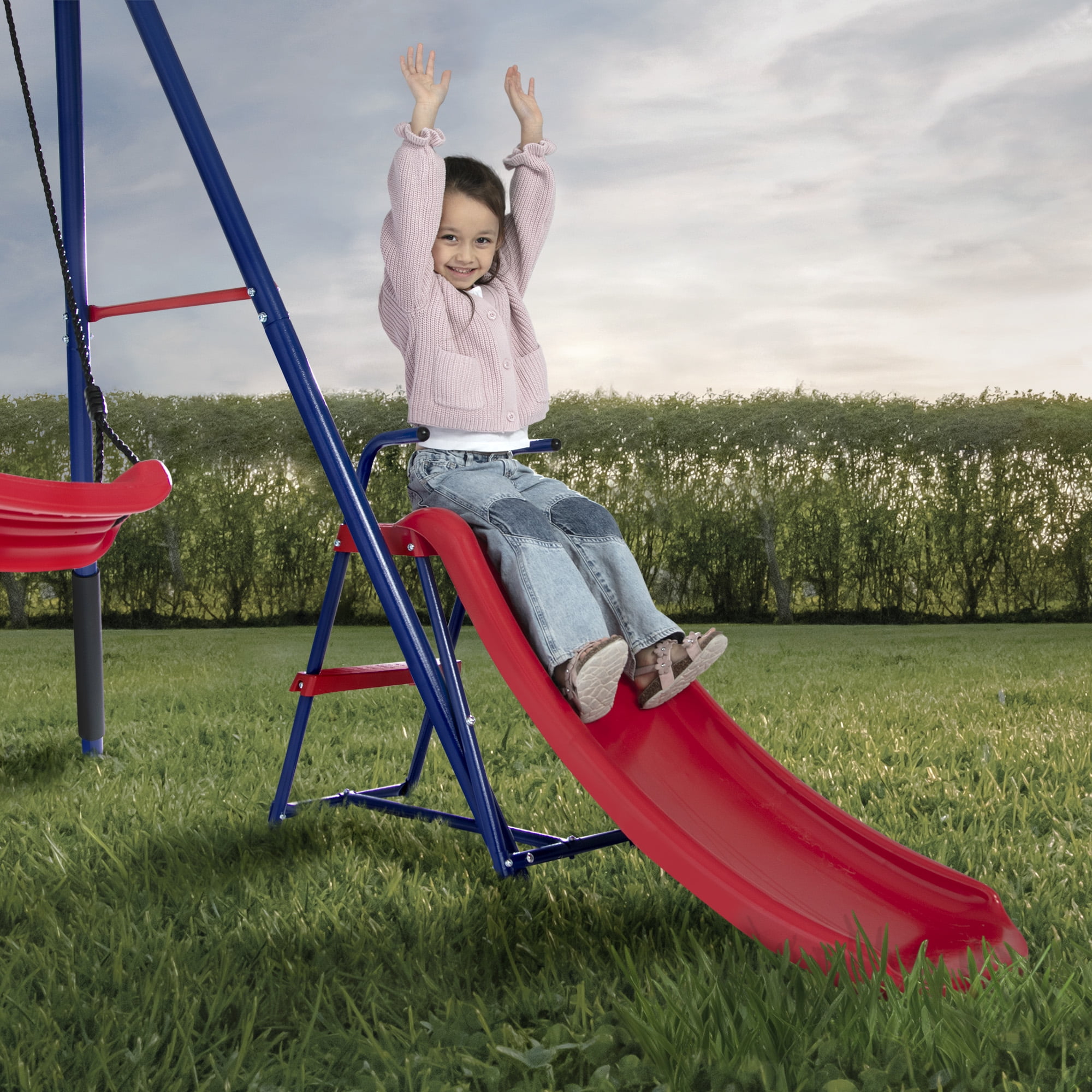 Delta Children FunZone Outdoor Metal 4-Piece Swing Set (Blue/Red, 109.4 in W x 54 in D x 68.9 in H) bfc6b