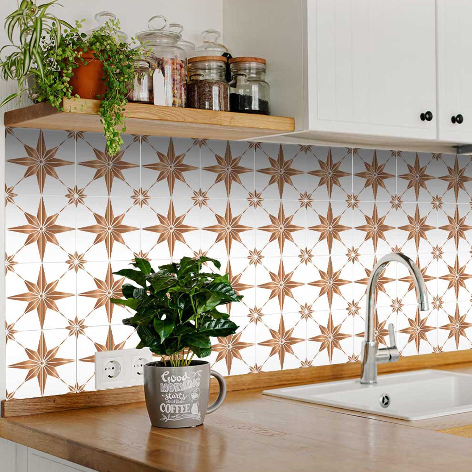 Mi Alma Talavera Peel and Stick Wall Tile Decals for Kitchen and Bathroom (Light Brown Star, 24 Pack, 4x4 in) mgl1x