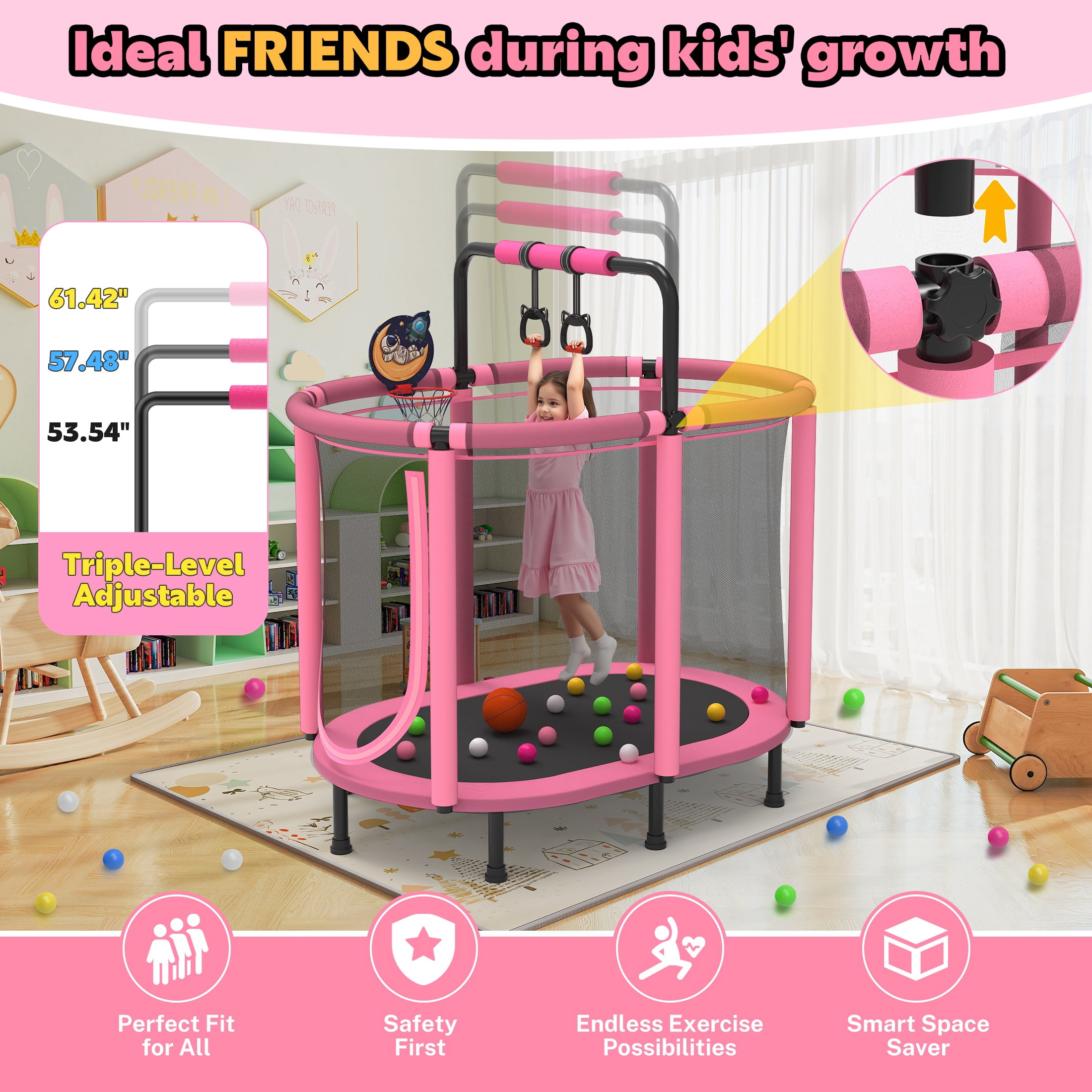 SHINPT 60 in Kids Trampoline with Enclosure Net, Basketball Hoop, and Gymnastic Bar (Pink, 60 in) n5r0i