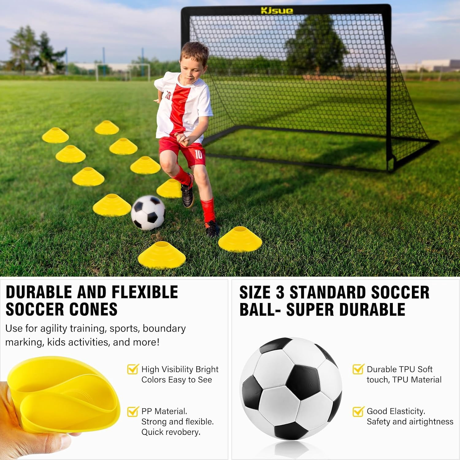 KJSUE Kids Soccer Goal Set, Portable Pop Up Soccer Nets with Target, Ball, Cones, and Carrying Bag (6 ft x 4 ft, 2-Pack) i6vd5