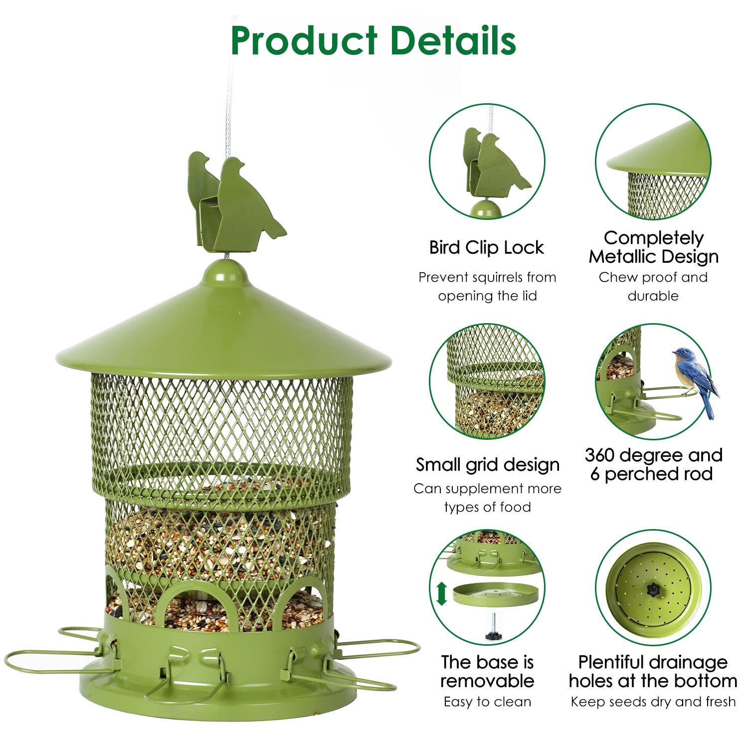 Digipettor Squirrel-Proof Wild Bird Feeder, Outdoor Hanging Metal Mesh Feeder with 6 Feeding Ports (Blue, 4 lb) b41su