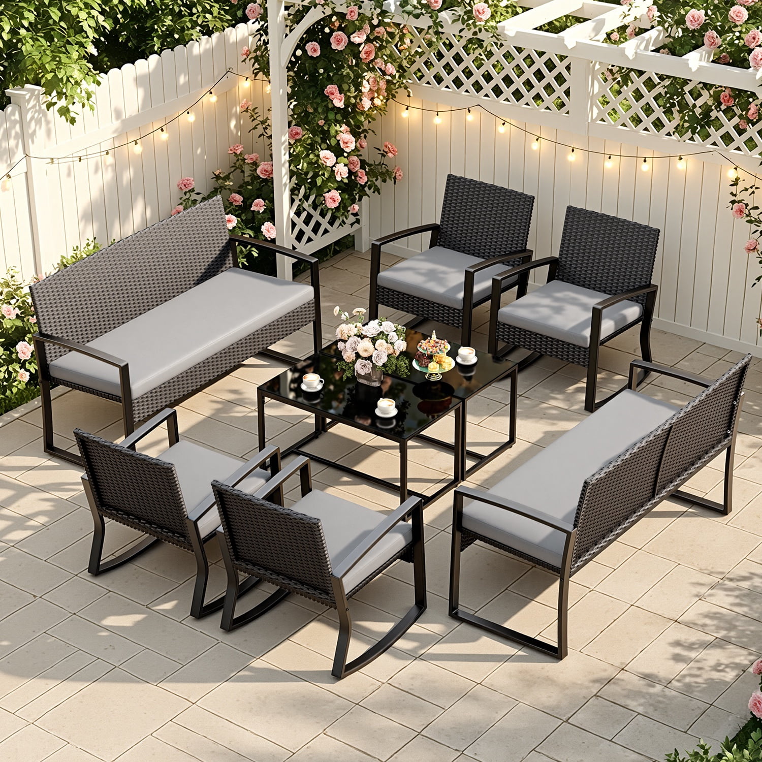 Lofka 8-Piece Outdoor Patio Furniture Set, All-Weather Wicker Rocking Chairs with Glass Coffee Tables (Gray, 8-Piece Set) sqtb1
