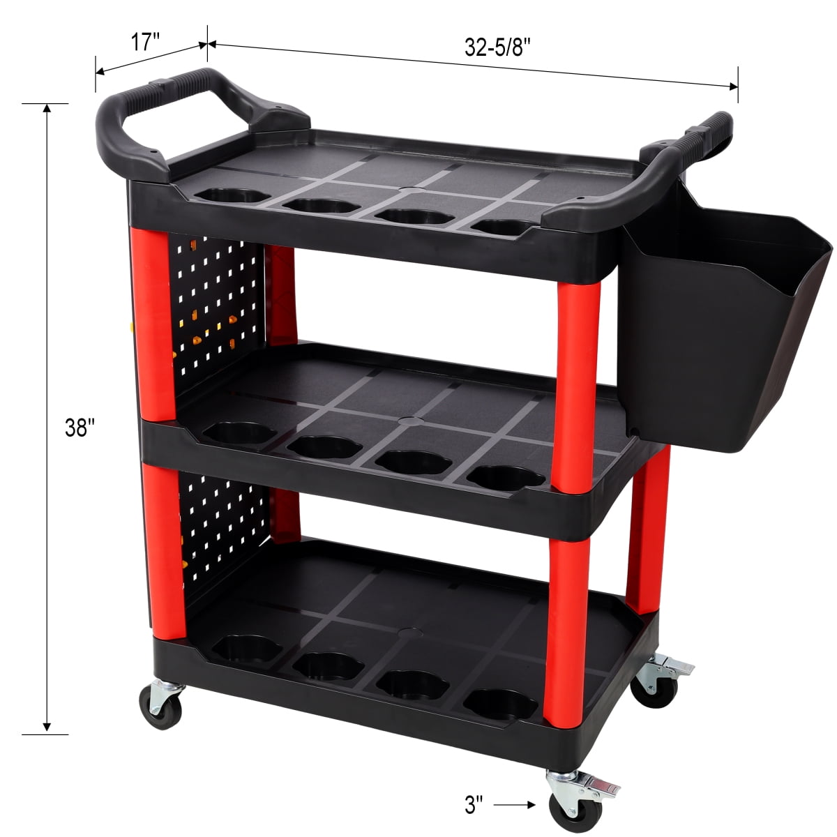 LuckyNote 3-Tier Rolling Auto Detail Cart with Pegboard and Hanging Bucket (Red and Black, 300 lb Capacity) 04so6