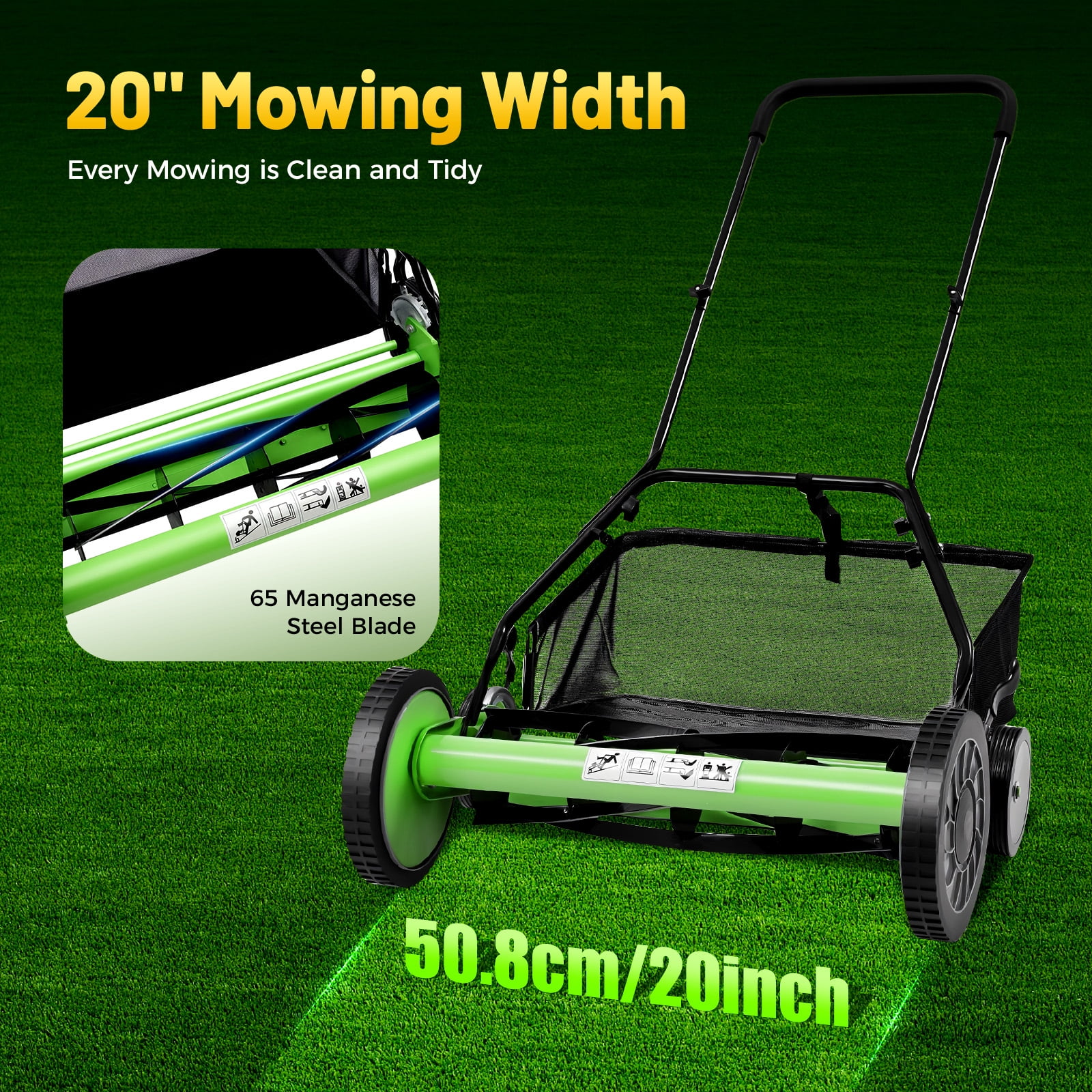 Hesries Manual Reel Lawn Mower, 20 Inch Push Grass Cutter with Grass Catcher (20 in) t9c39