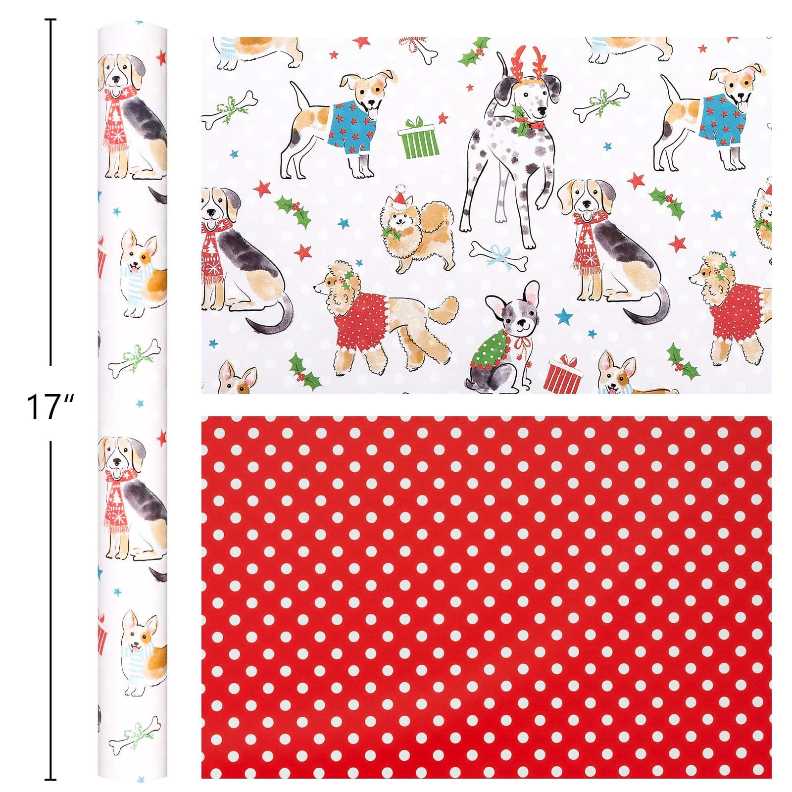 HOMERAL Christmas Wrapping Paper Roll, Festive Dog Pattern Gift Wrap (White, 17 in x 33 ft) yhmhd