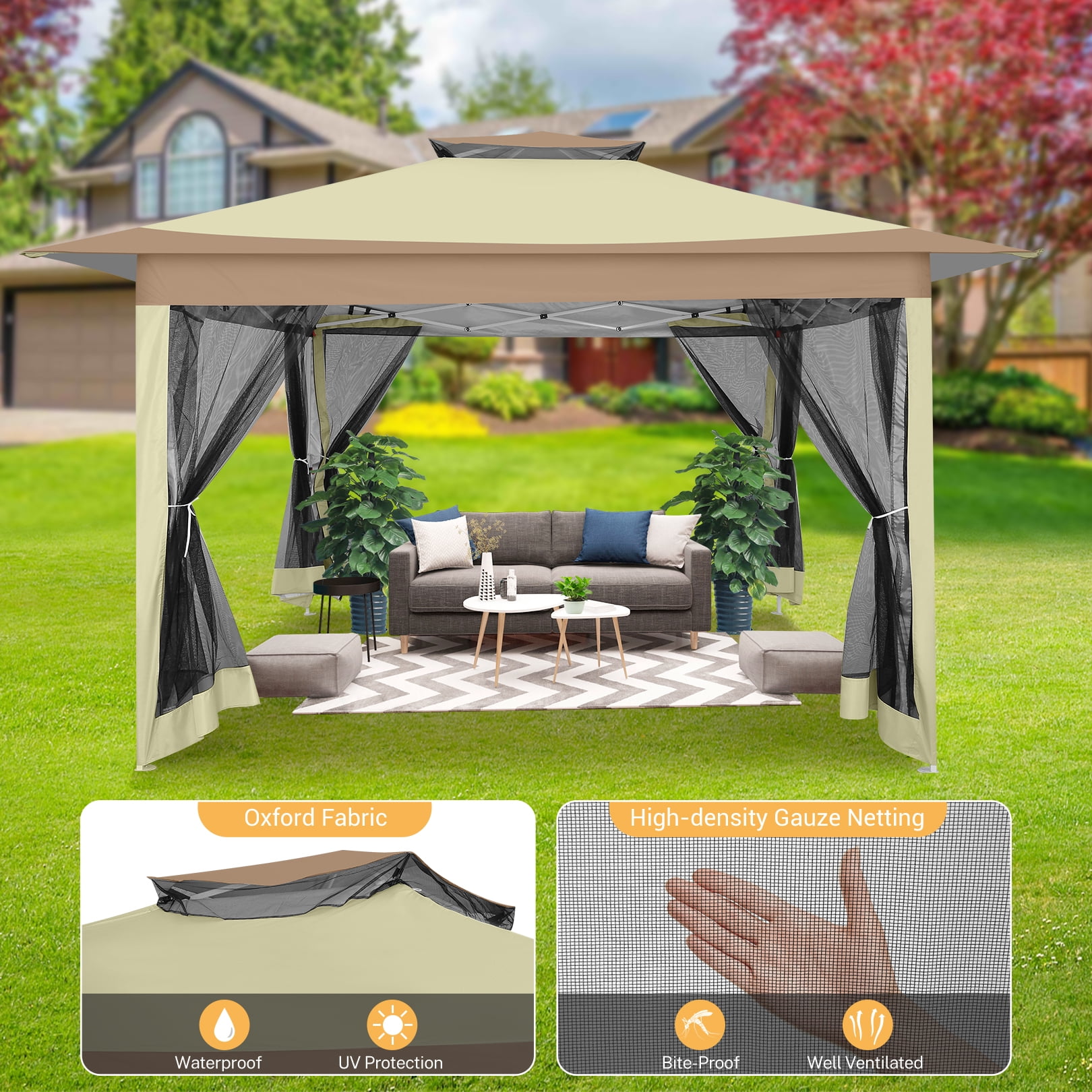 SANOPY Outdoor Pop-up Gazebo with Mosquito Netting and Sandbags (Light Brown, 12x12 ft) 63tns
