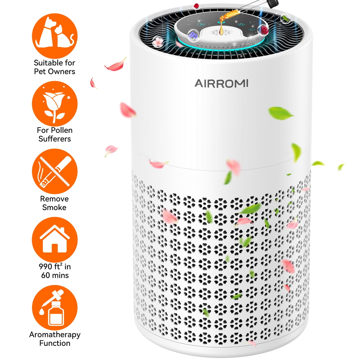 AIRROMI HEPA Air Purifier for Home and Bedroom with Aromatherapy and Night Light (White, 990 sq ft) db8g5
