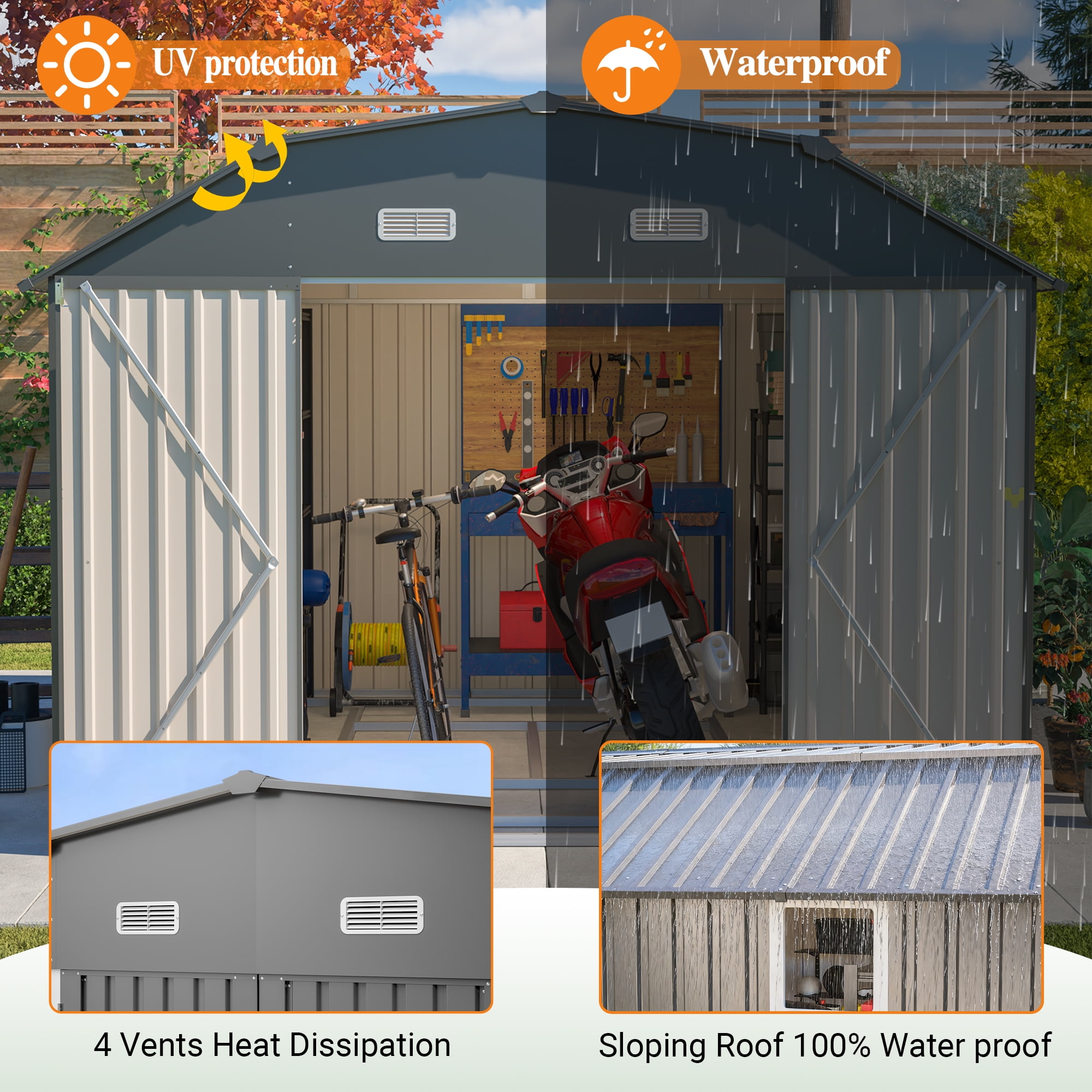 LZBEITEM Metal Outdoor Storage Shed with Floor Frame Kit, Heavy-Duty Garden Tool Shed with Lockable Door and Window (Grey, 10 ft x 12 ft) zqgpg