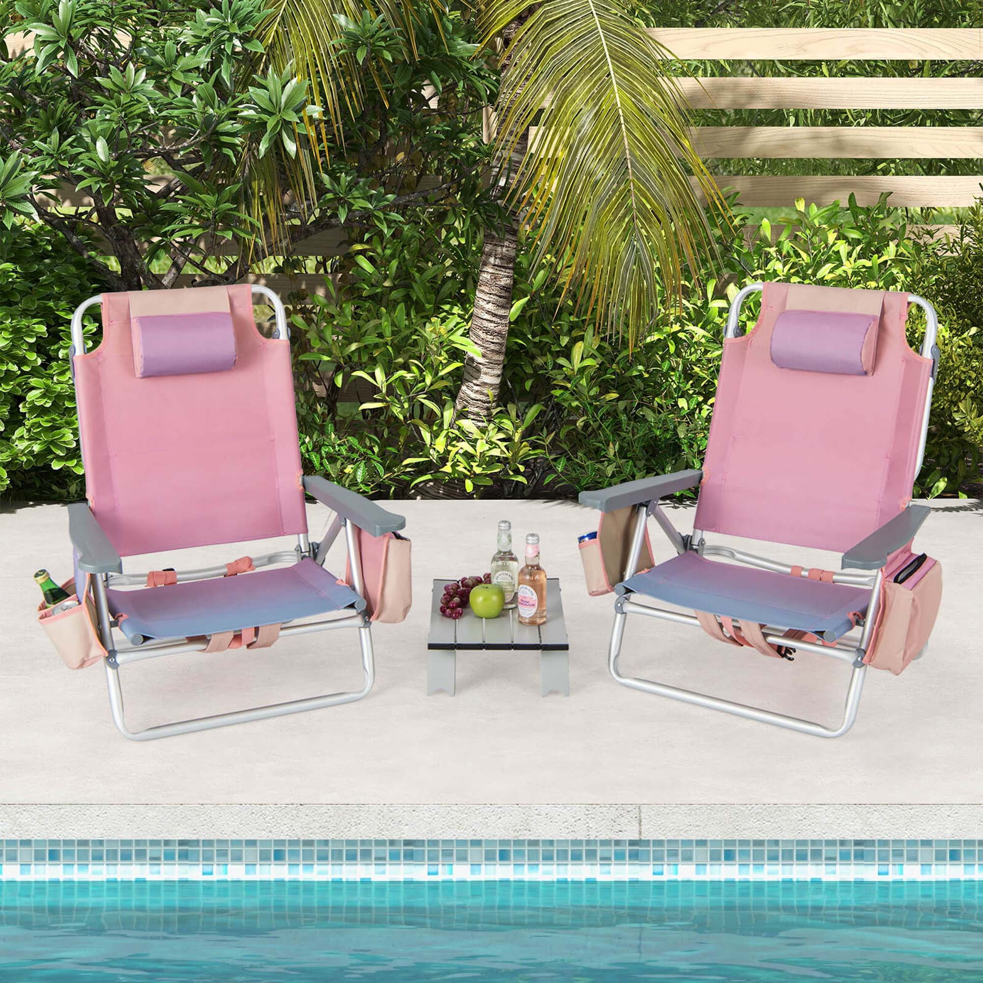 Costway 2-Pack Folding Backpack Beach Chair and Table Set with 5-Position Reclining (Pink) yajnw