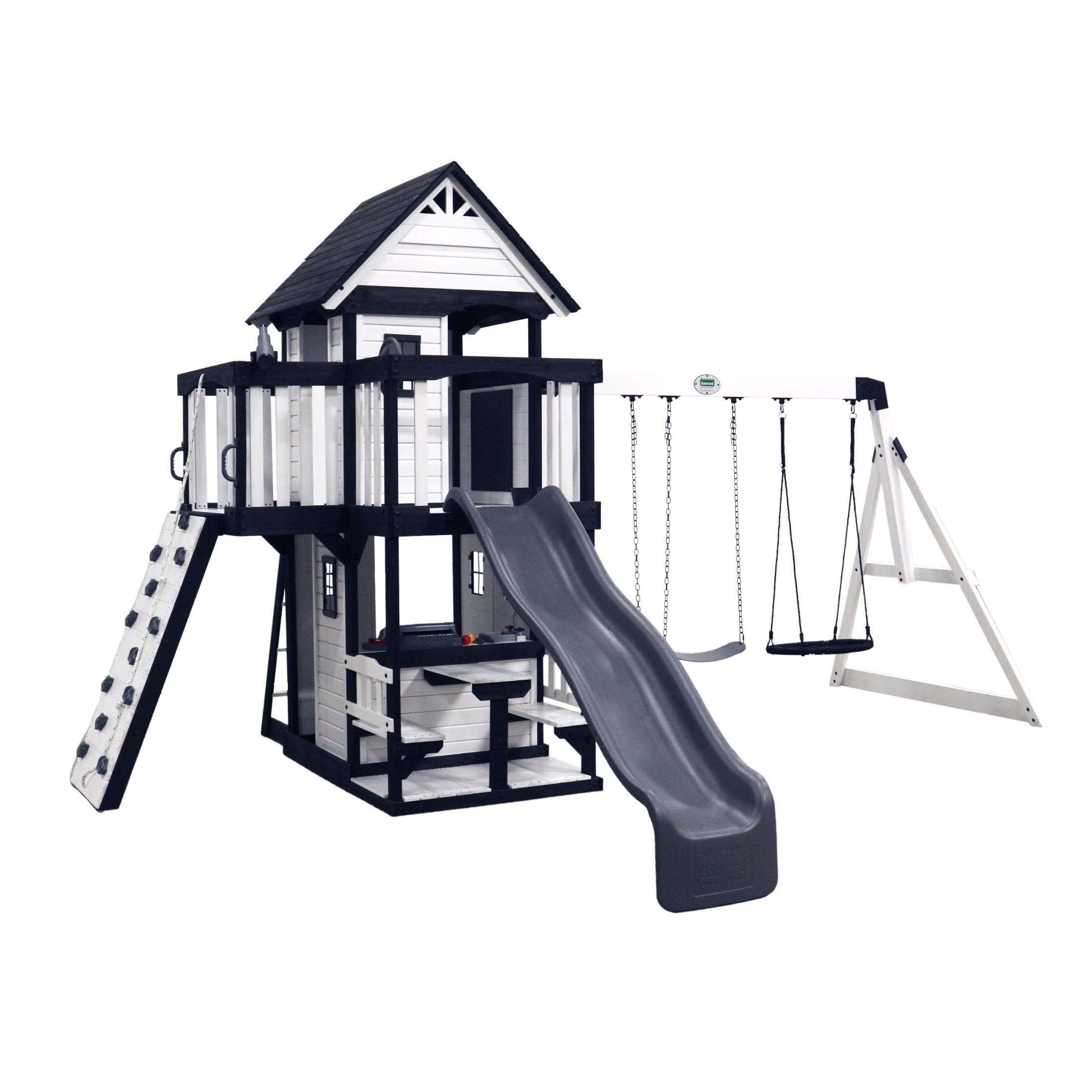 Backyard Discovery Canyon Creek Cedar Wood Swing Set with Slide, Clubhouse, and Rock Wall (White, Large) dzuh1
