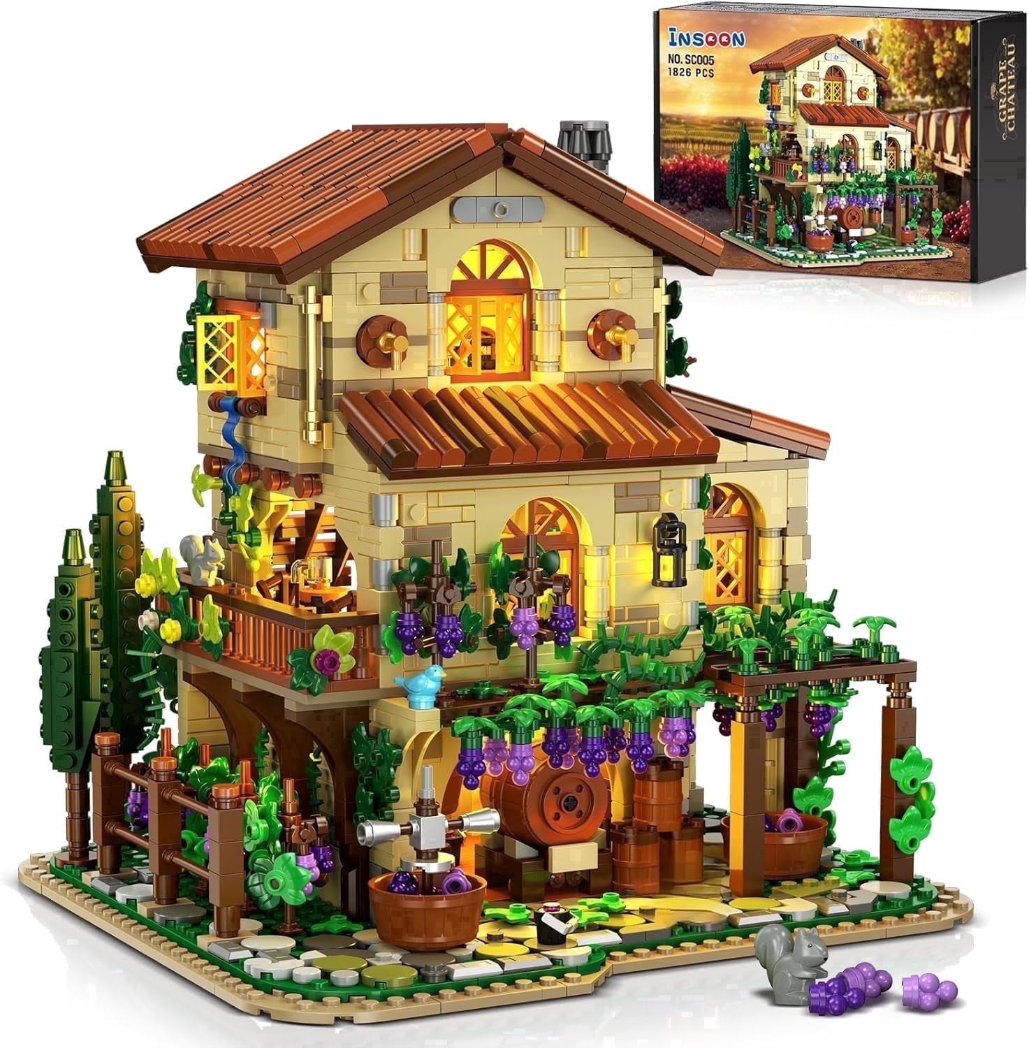TERRAMUS Vineyard Winery Castle Building Set with LED Lights (1826 Pieces, 10 x 9.5 x 9.8 in) q36qk
