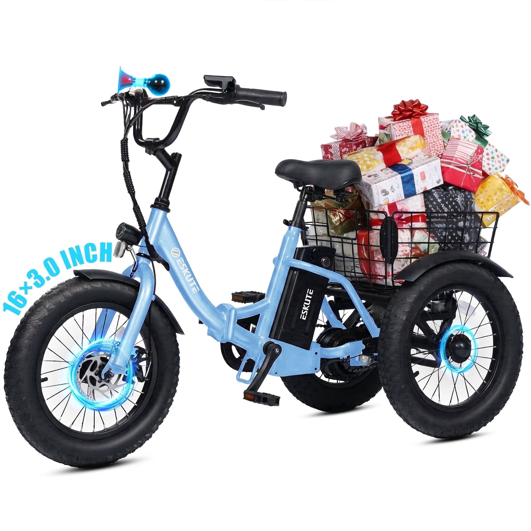Elecby T300mini Electric Tricycle, 16 in Fat Tire Folding 3-Wheel E-Bike with 500W Motor (Blue) m1q5x