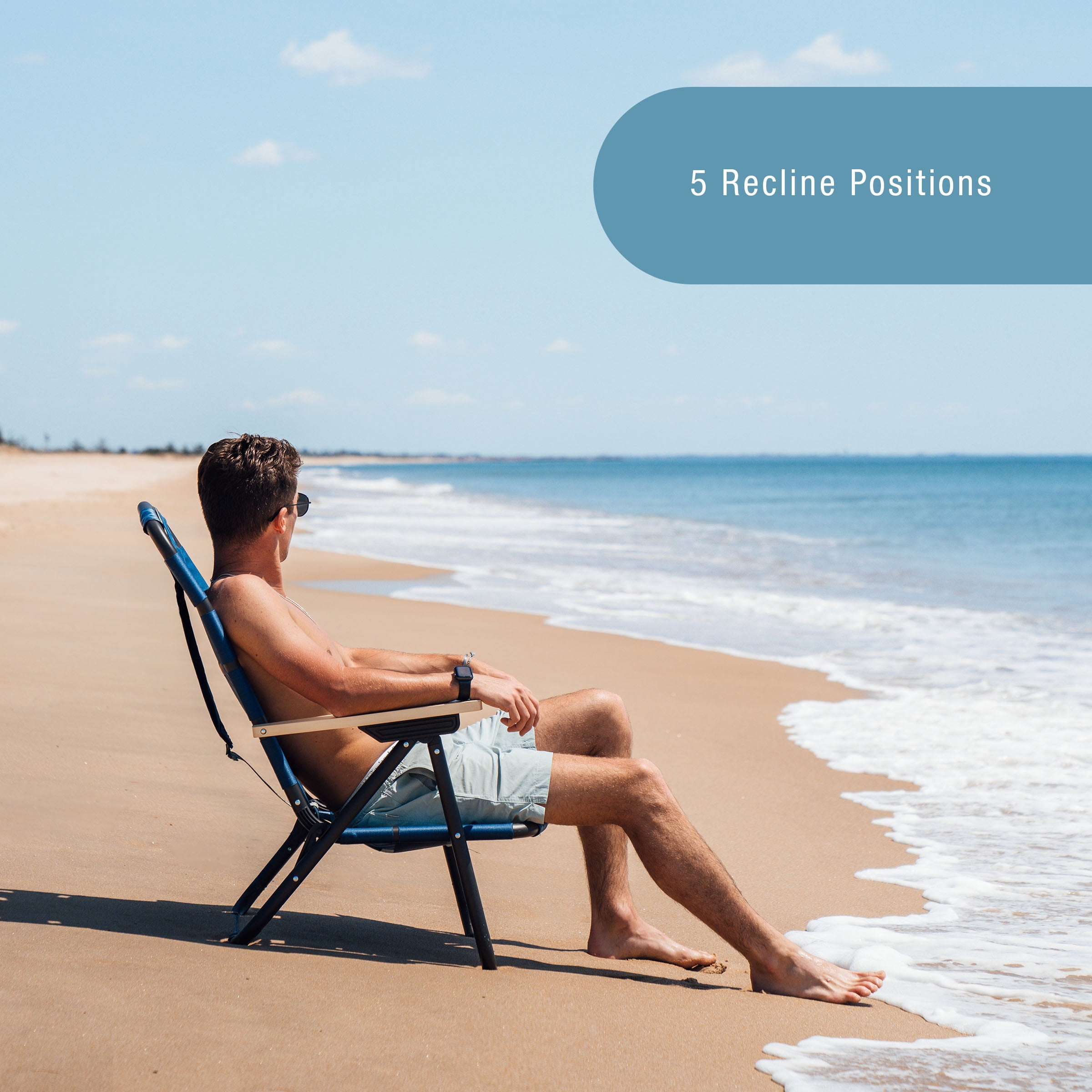 CleverMade KOVE Outdoor Lounge Chair, Adjustable Reclining Portable Seat with Carrying Strap (Ocean/Cognac, 1 Pack) xdjin