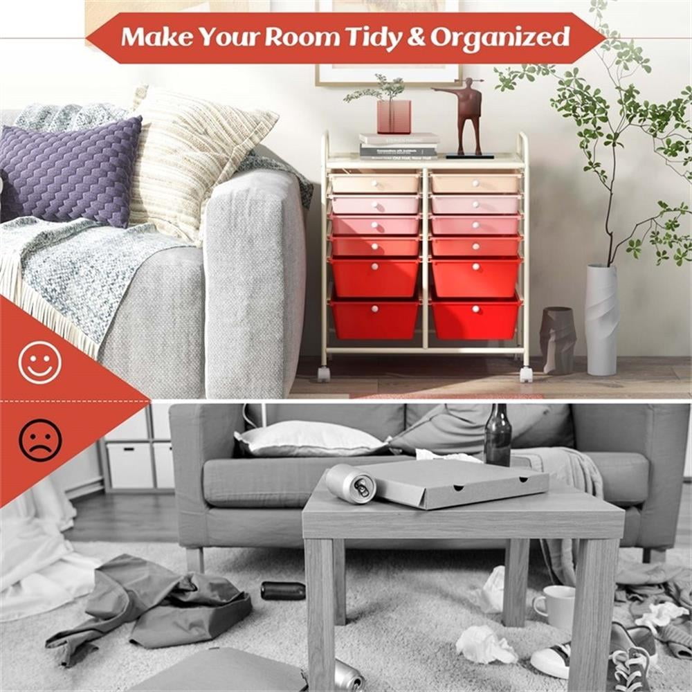 Pemberly Row 12-Drawer Rolling Storage Cart with Swivel Casters (Pink, 25 in x 15 in x 29.5 in) pk3sc