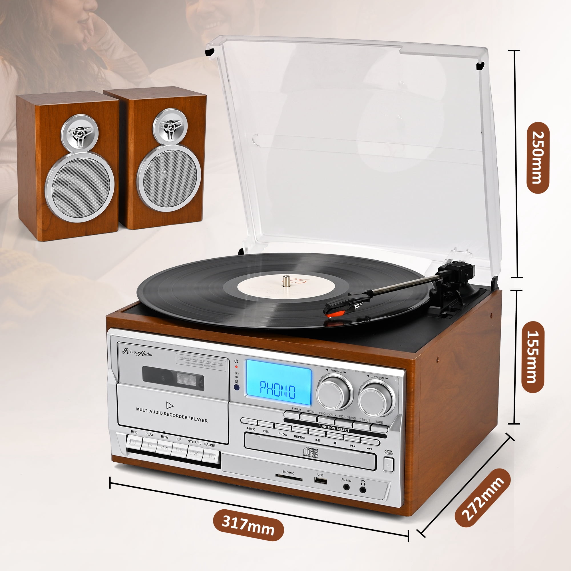 RetroAudio 10-in-1 Vintage Turntable System with Dual External Speakers, Bluetooth Connectivity, CD and Cassette Player (Brown) ltp6i