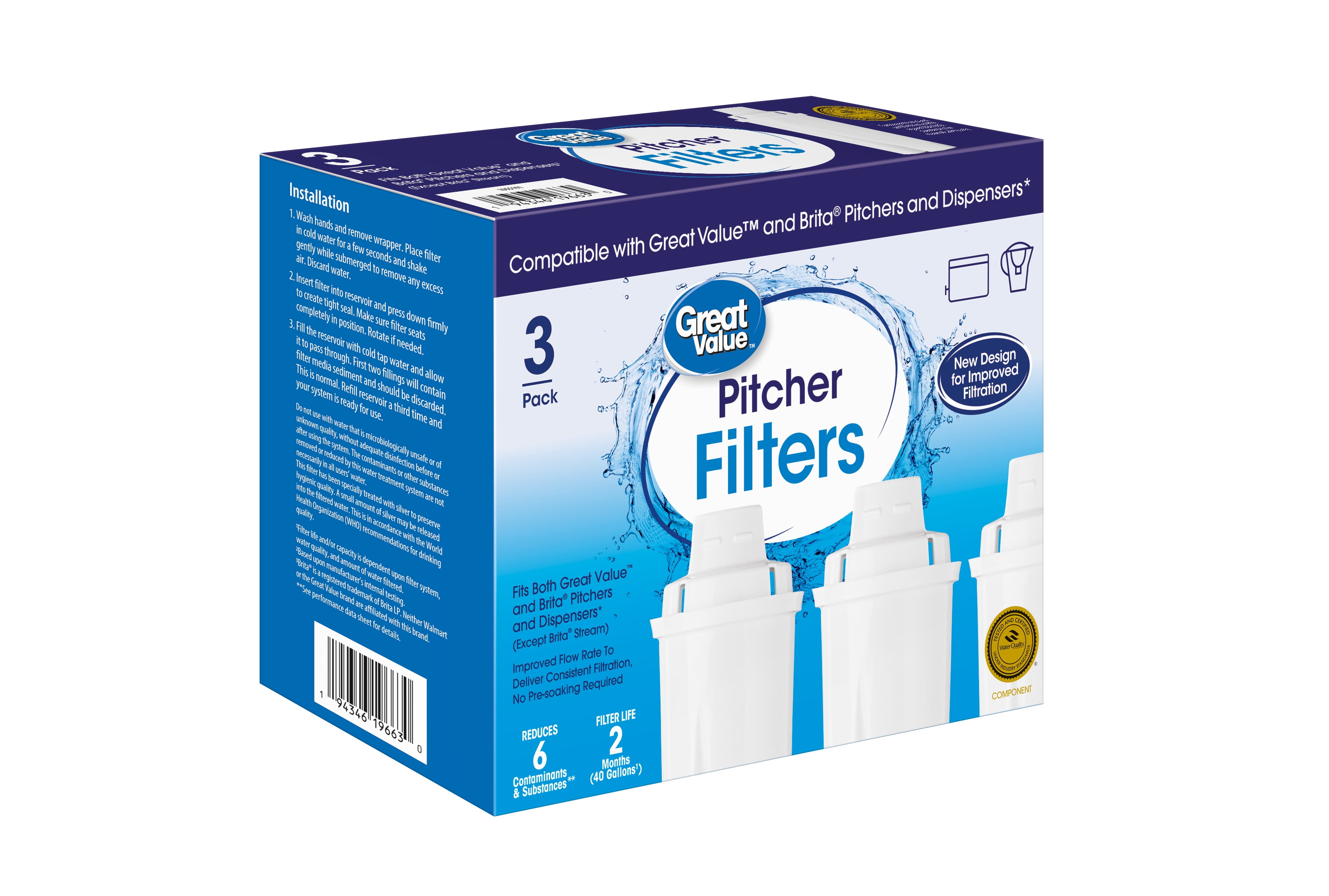Great Value Water Pitcher Replacement Filters (Compatible with Brita, 3 Pack) sitb3
