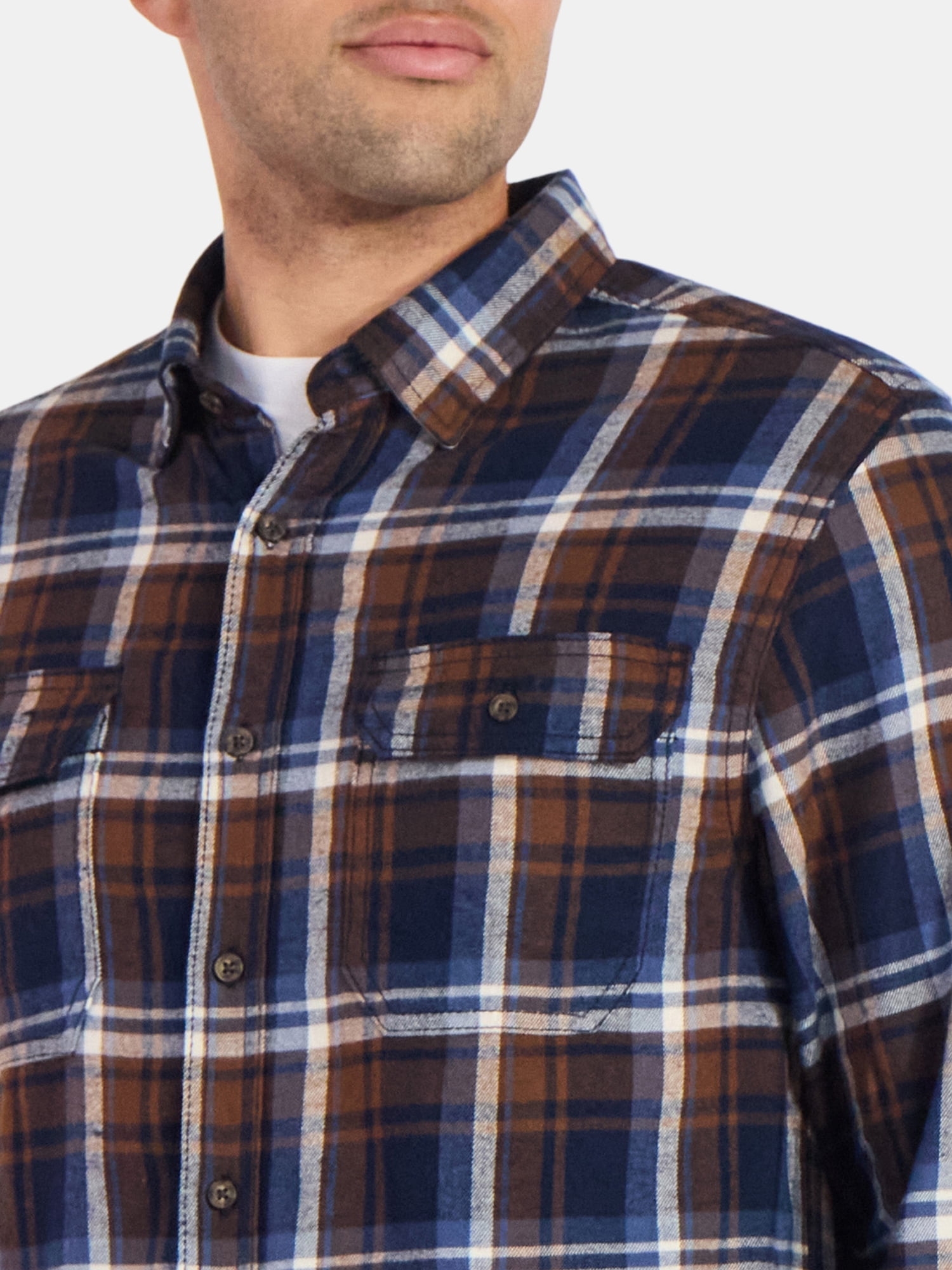 George Men's Long Sleeve Plaid Flannel Shirt, Double Pocket Button Down, 2 Pack (Brown, XS) kocxj