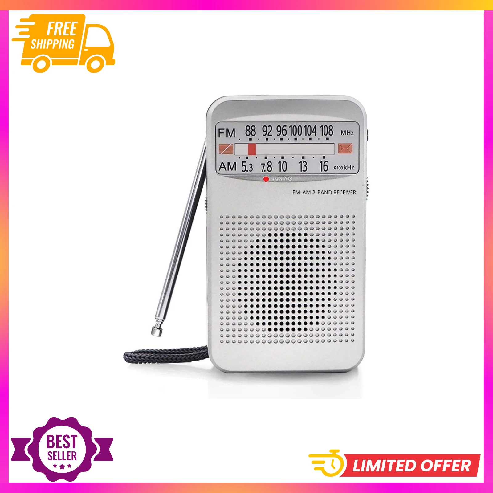 Rhea AM FM Portable Pocket Radio, Compact Transistor Radio with Clear Reception and Built-in Speaker (1 Unit) 15qmf