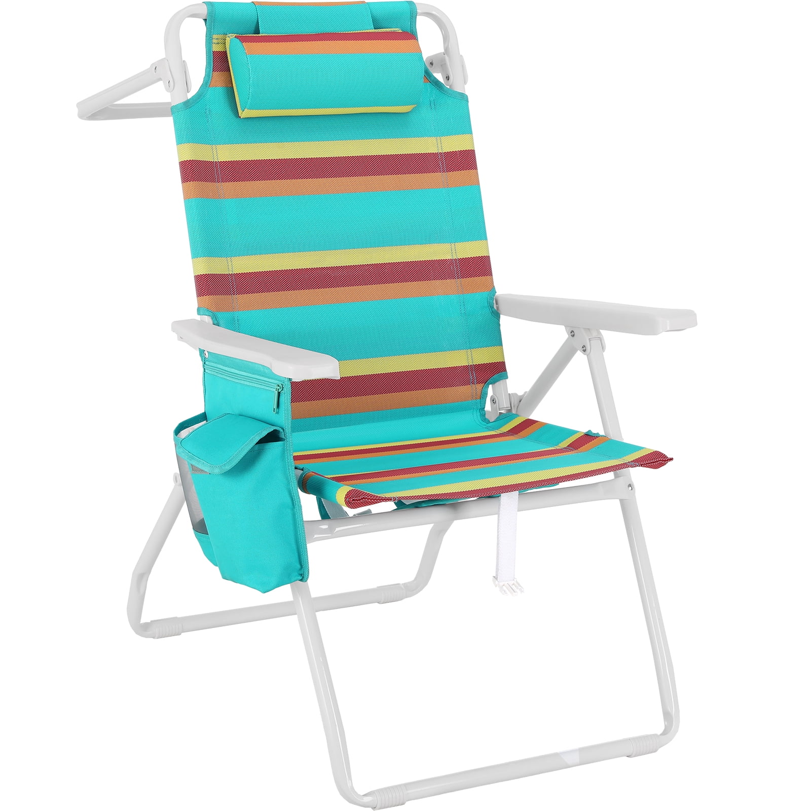 Pirecart Tall Folding Beach Chair with 5-Position Recline and Cooler Pouch (Orange Yellow Blue Stripes, 350 lb Capacity) 9fptt