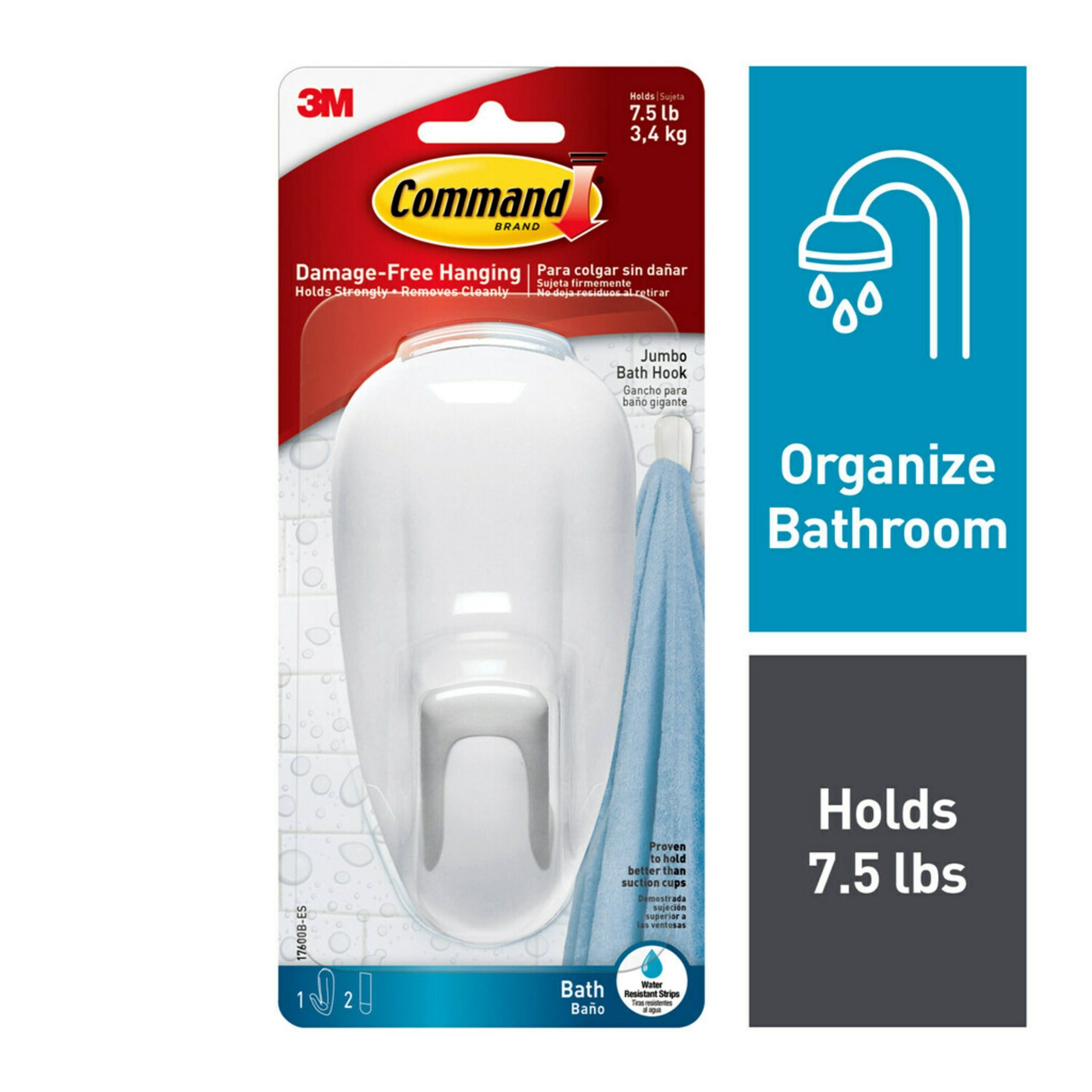 Command Bath Hook, Large Wall Hook for Bathroom Organization, Water-Resistant Adhesive (White, 1 Hook) on5pr