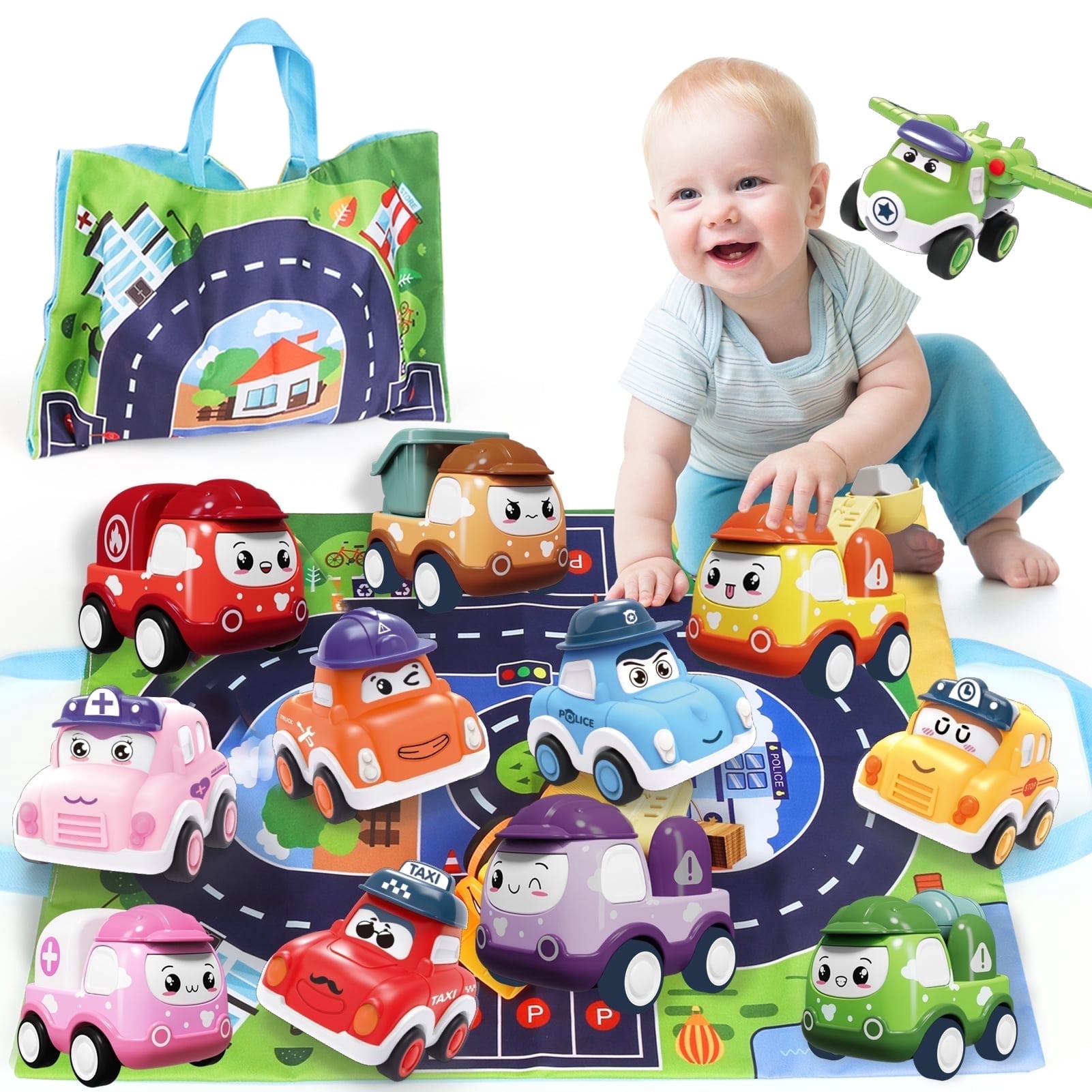 Tepear Pull-Back Vehicle Set with Play Mat and Storage Bag (12-Piece Set) ugptc