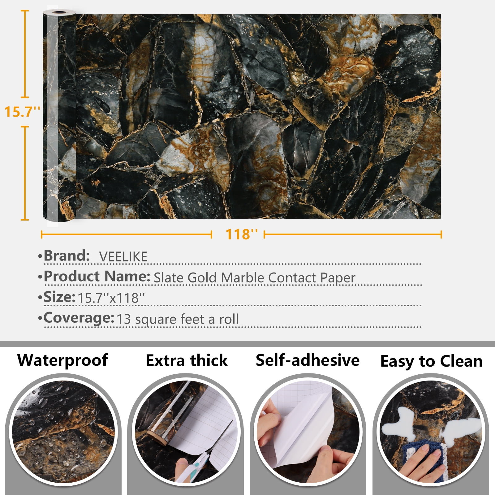 VEELIKE Marble Peel and Stick Countertop Contact Paper, Waterproof Vinyl Wallpaper for Kitchen and Furniture (Gold, 15.7 in x 118.1 in) uxclc