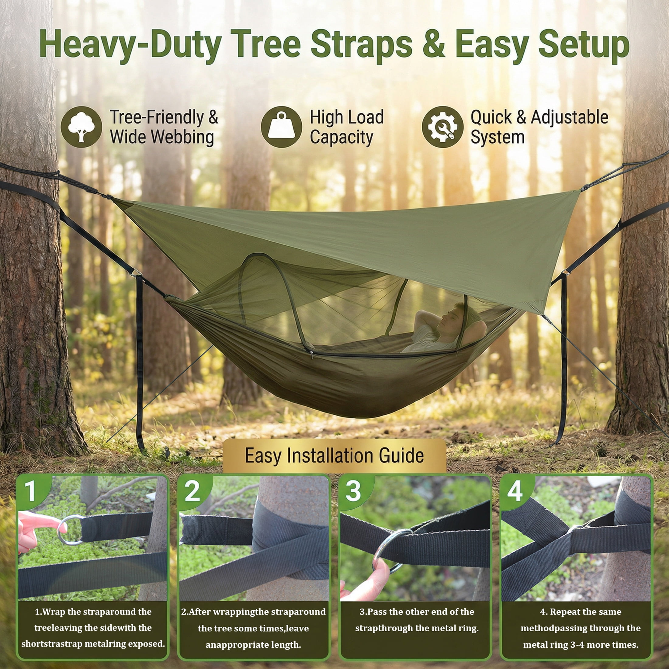 EZBY Camping Hammock with Mosquito Net and Sunshade Tarp (Green, 102 in x 55 in) 0c656