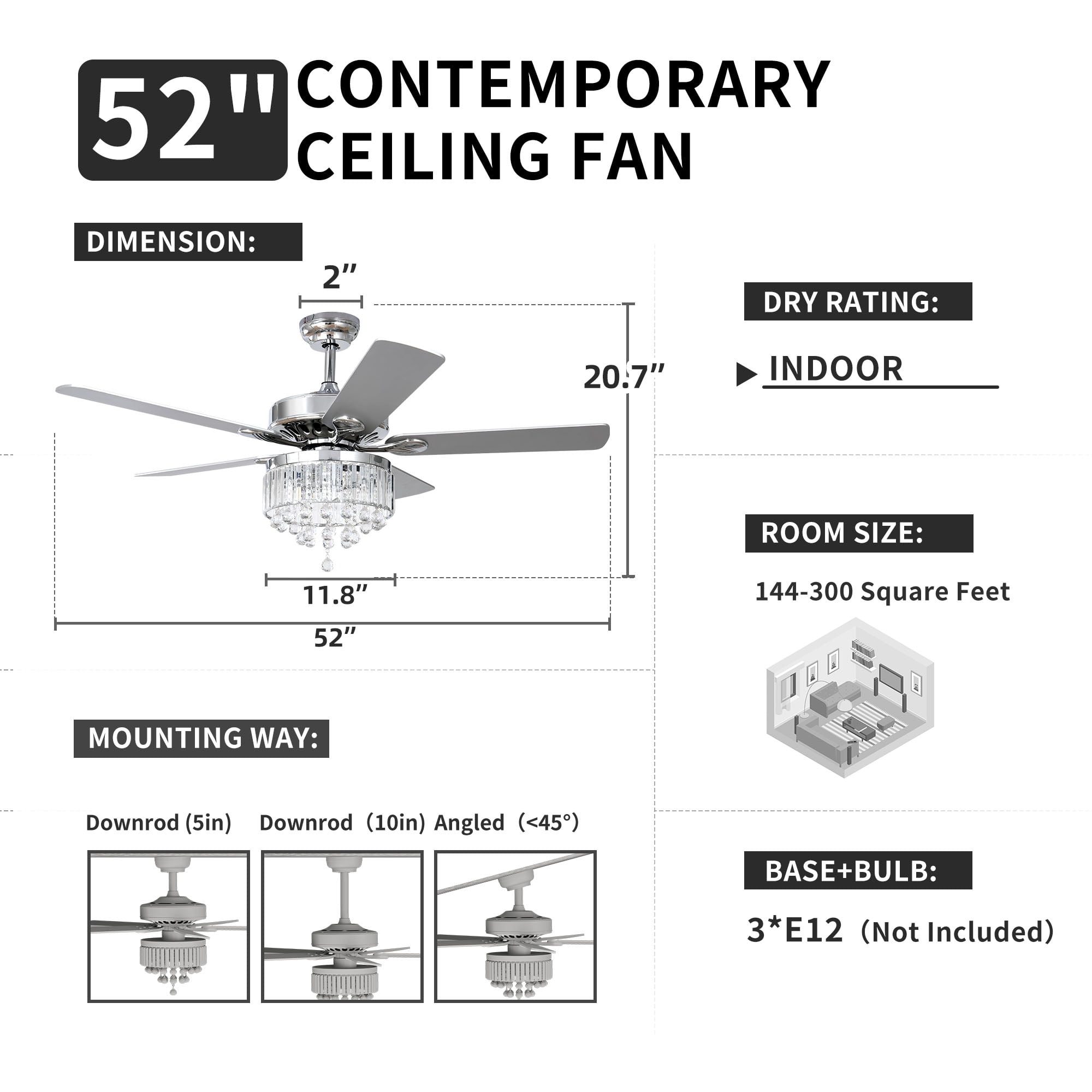 Dextrus 52 in Chandelier Ceiling Fan with Remote, Crystal Light Fixture, Silent Reversible Motor, Chrome (52 in) 6qwa1