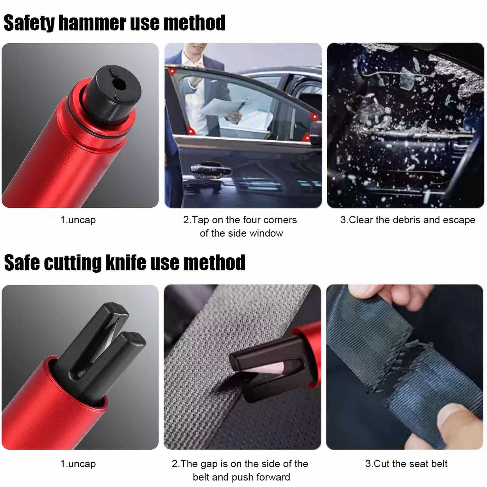 KLYNE Car Safety Hammer Window Glass Breaker and Seat Belt Cutter Tool (2 Pack) 0v932